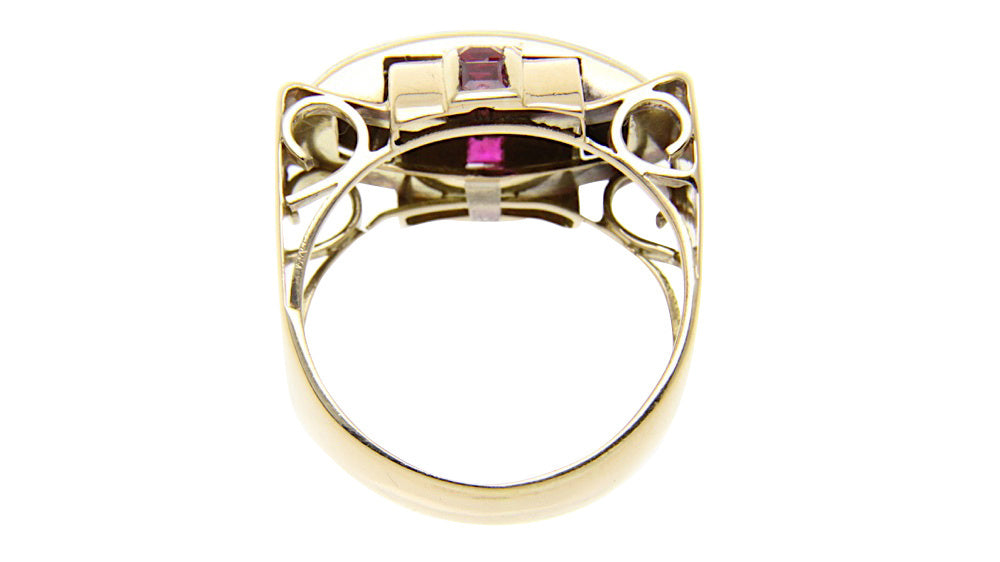 14 kt gold ring with rose-cut diamond and ruby