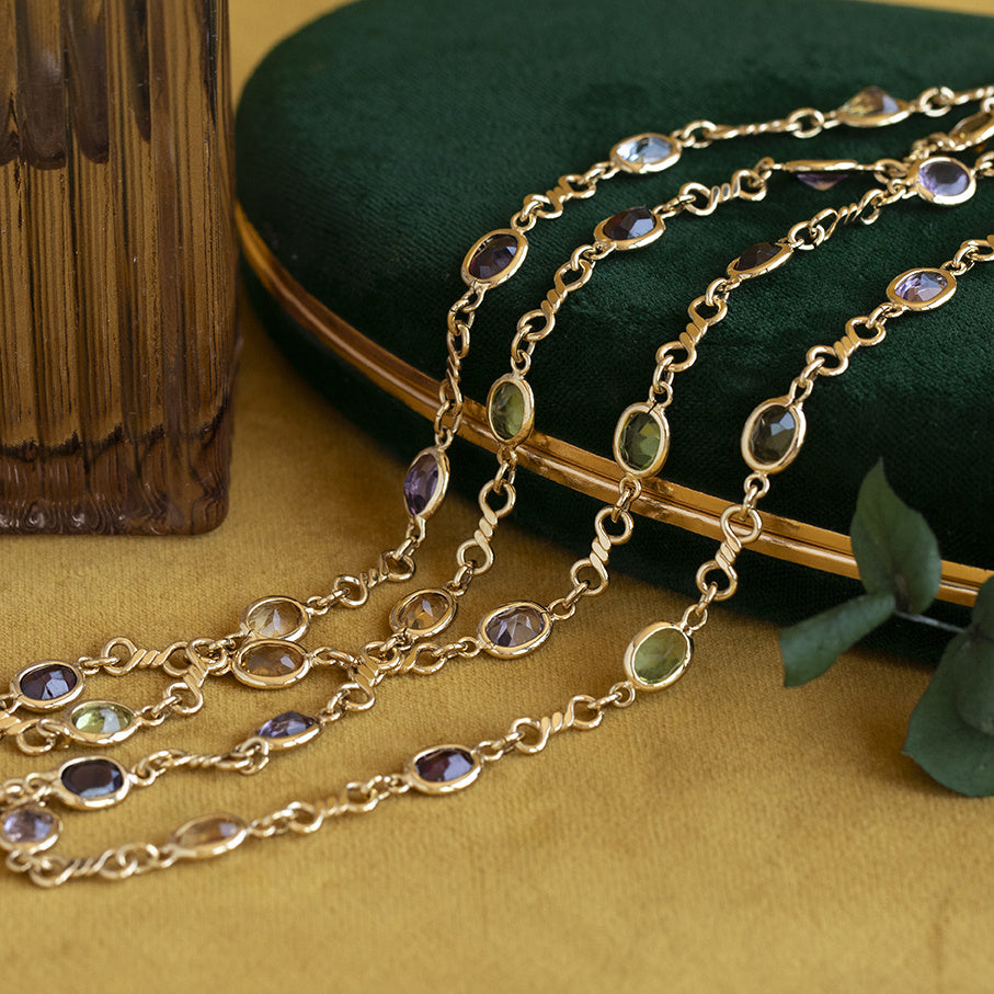 Gouden vintage collier met topaas, citrien, granaat, amethist en peridoot 18 krt