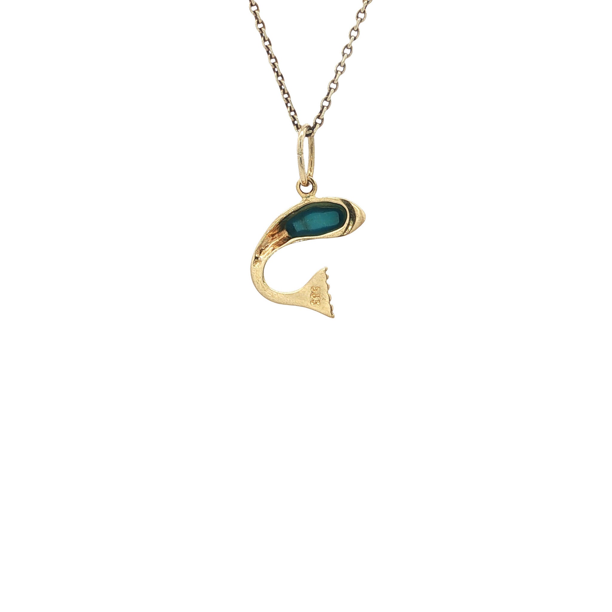 Gold vintage fish pendant with turquoise 14 kt