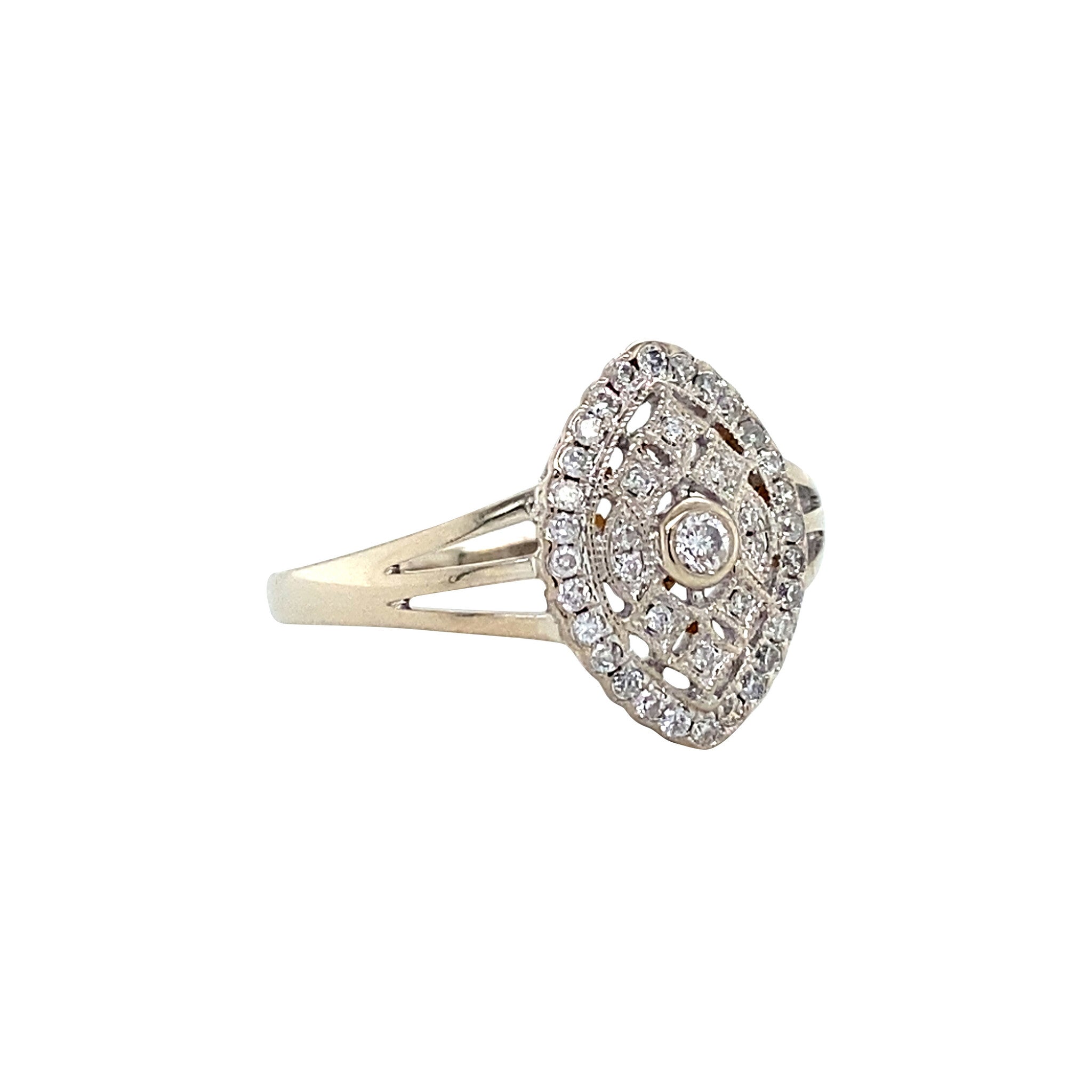 Witgouden vintage dubbele entourage ring met diamant 14 krt