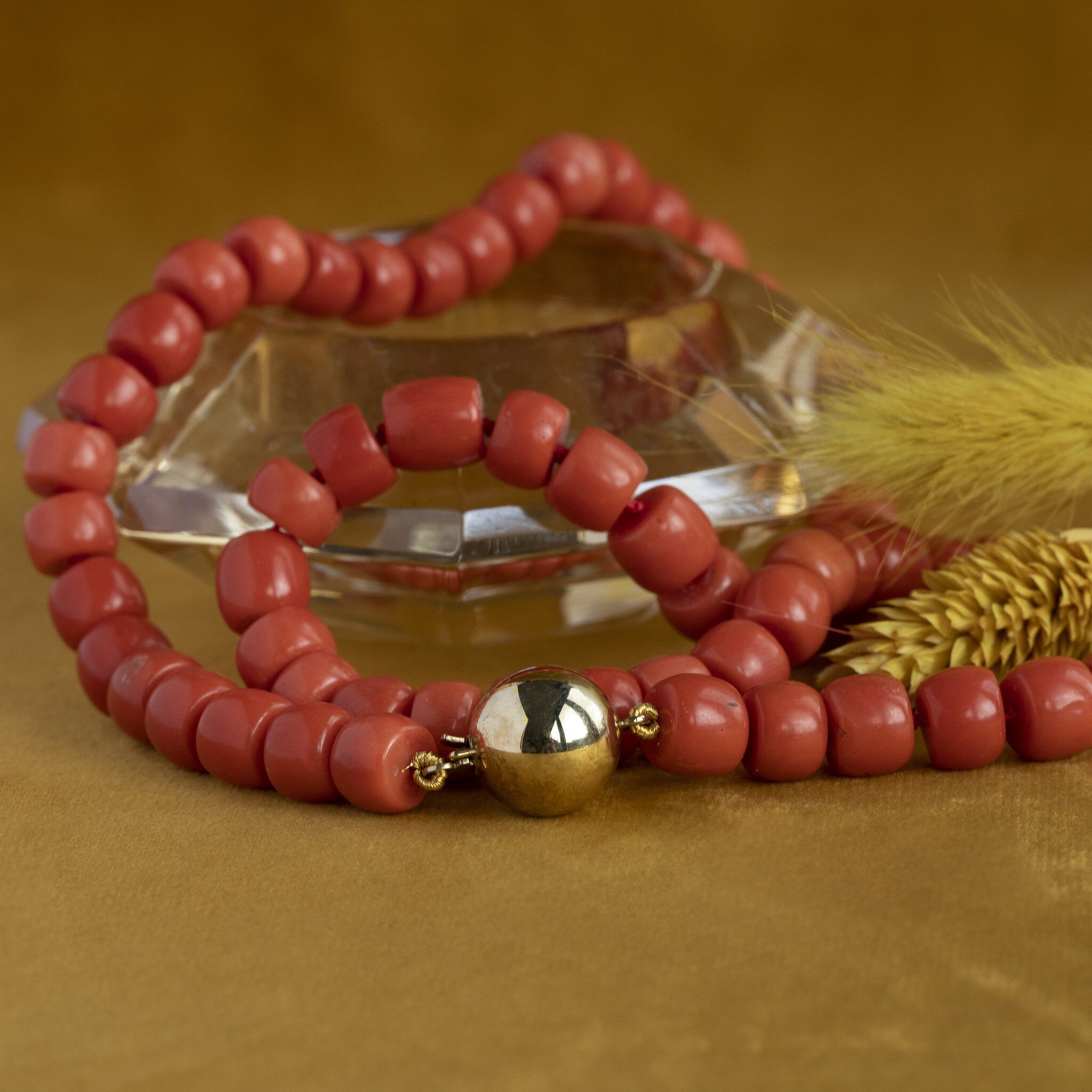 Blood coral necklace with gold clasp 14 krt