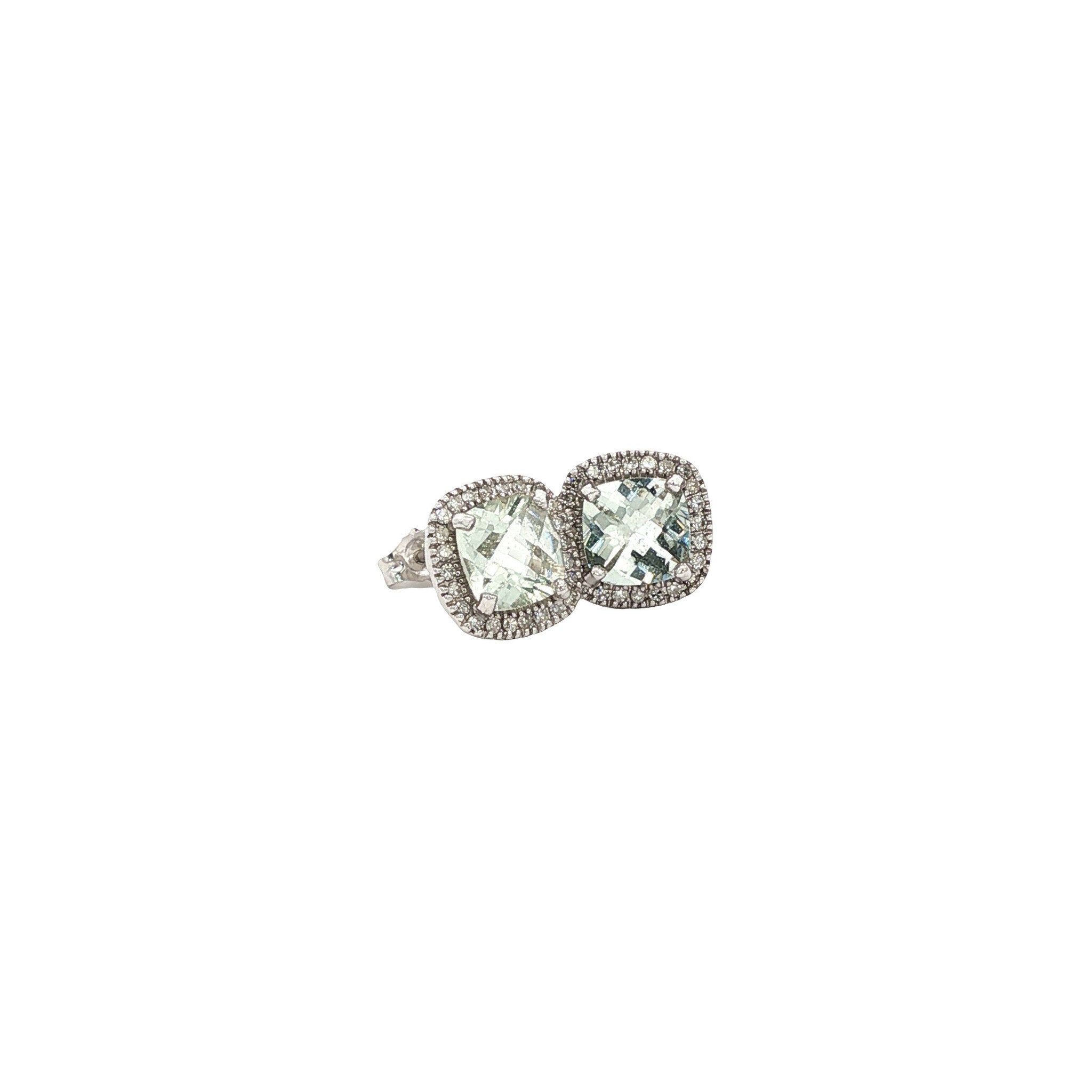 Vintage 14 kt white gold stud earrings with prasiolite and diamond.