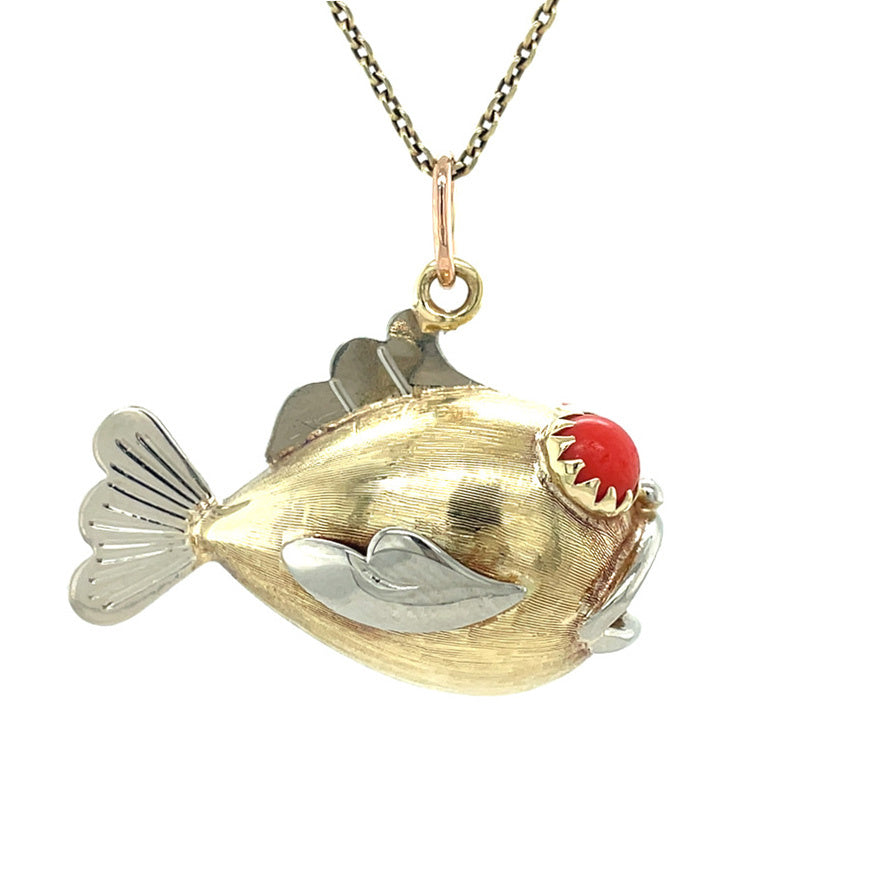 Bicolour gouden vintage vis hanger met kleursteen 14 kt