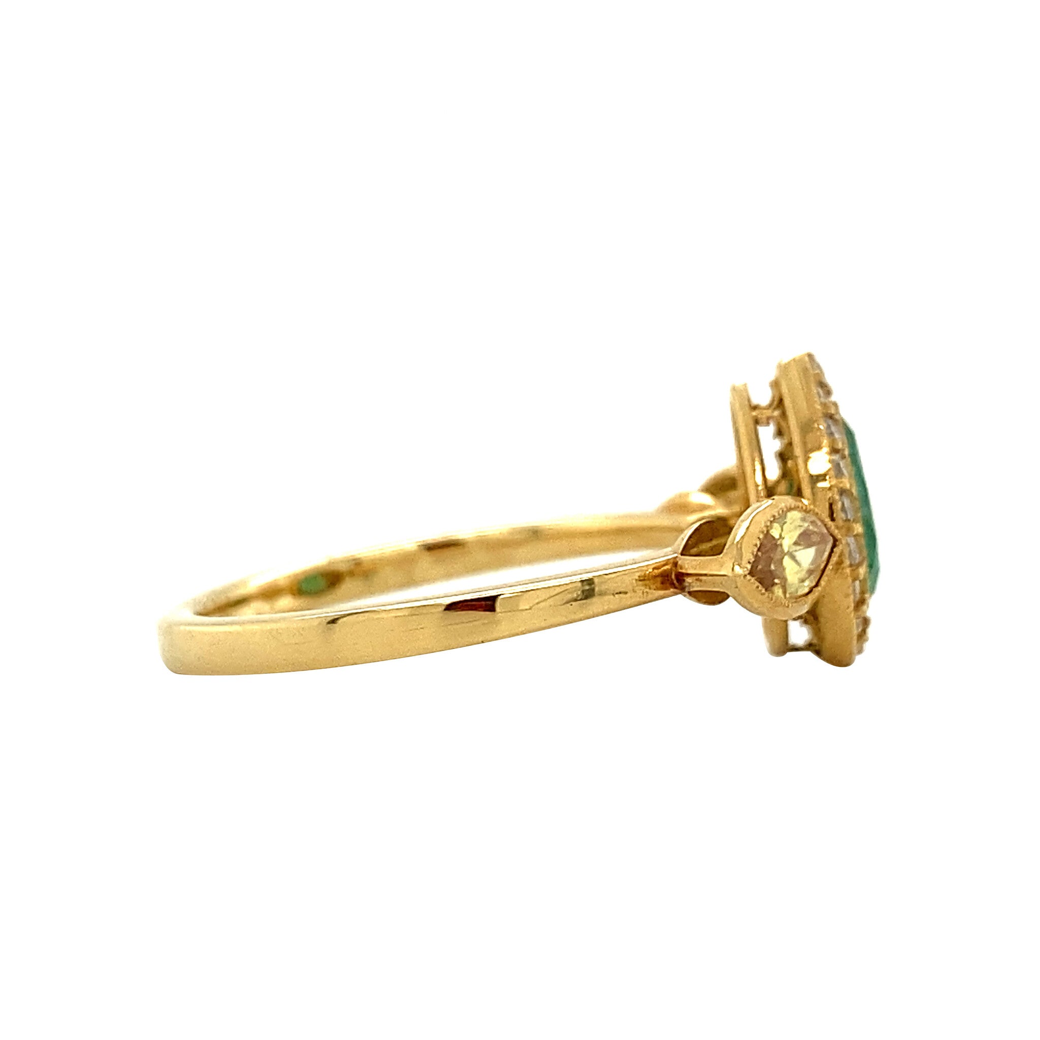 18 kt gold ring with moissanite, emerald and diamond