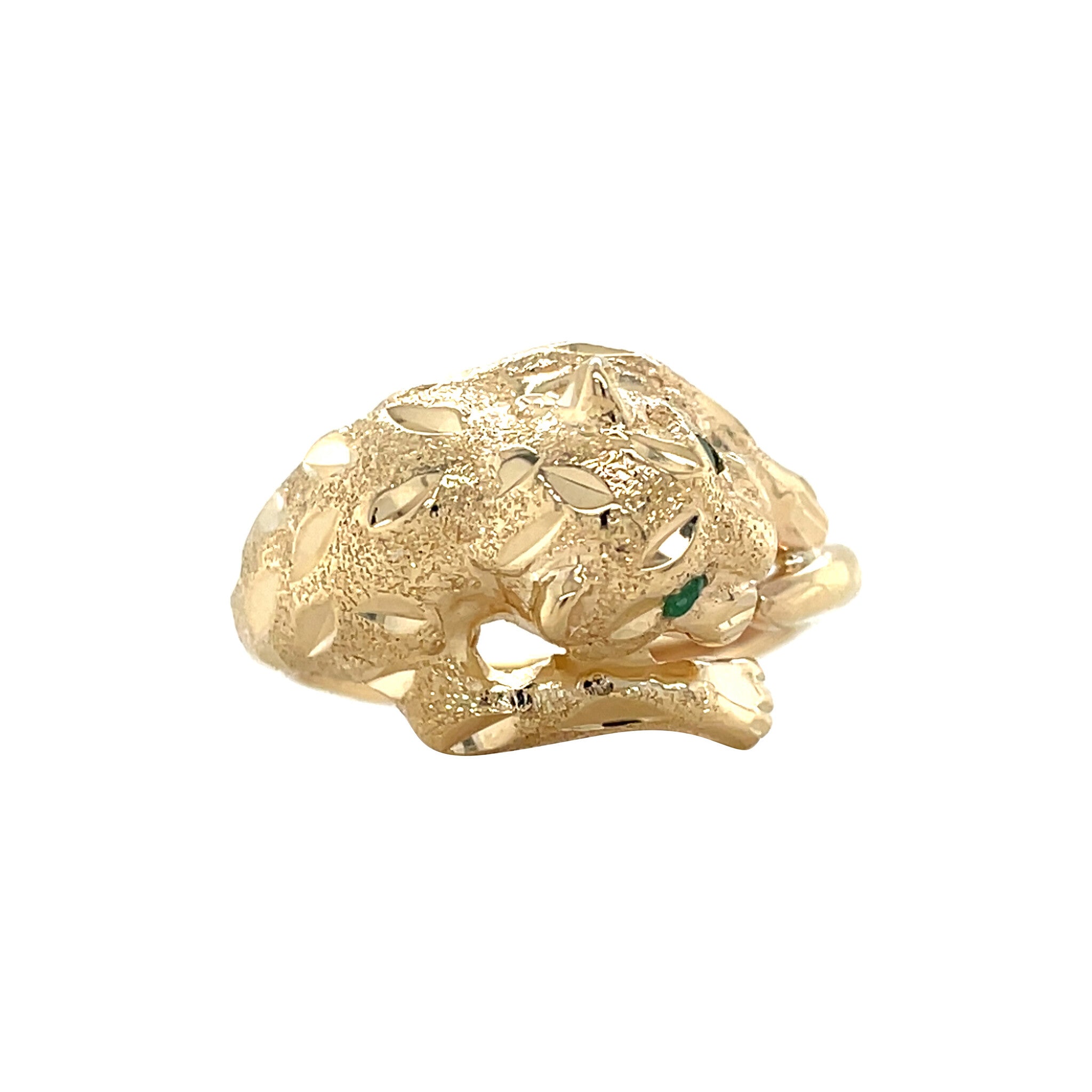 Gouden vintage panter ring met smaragd14 krt