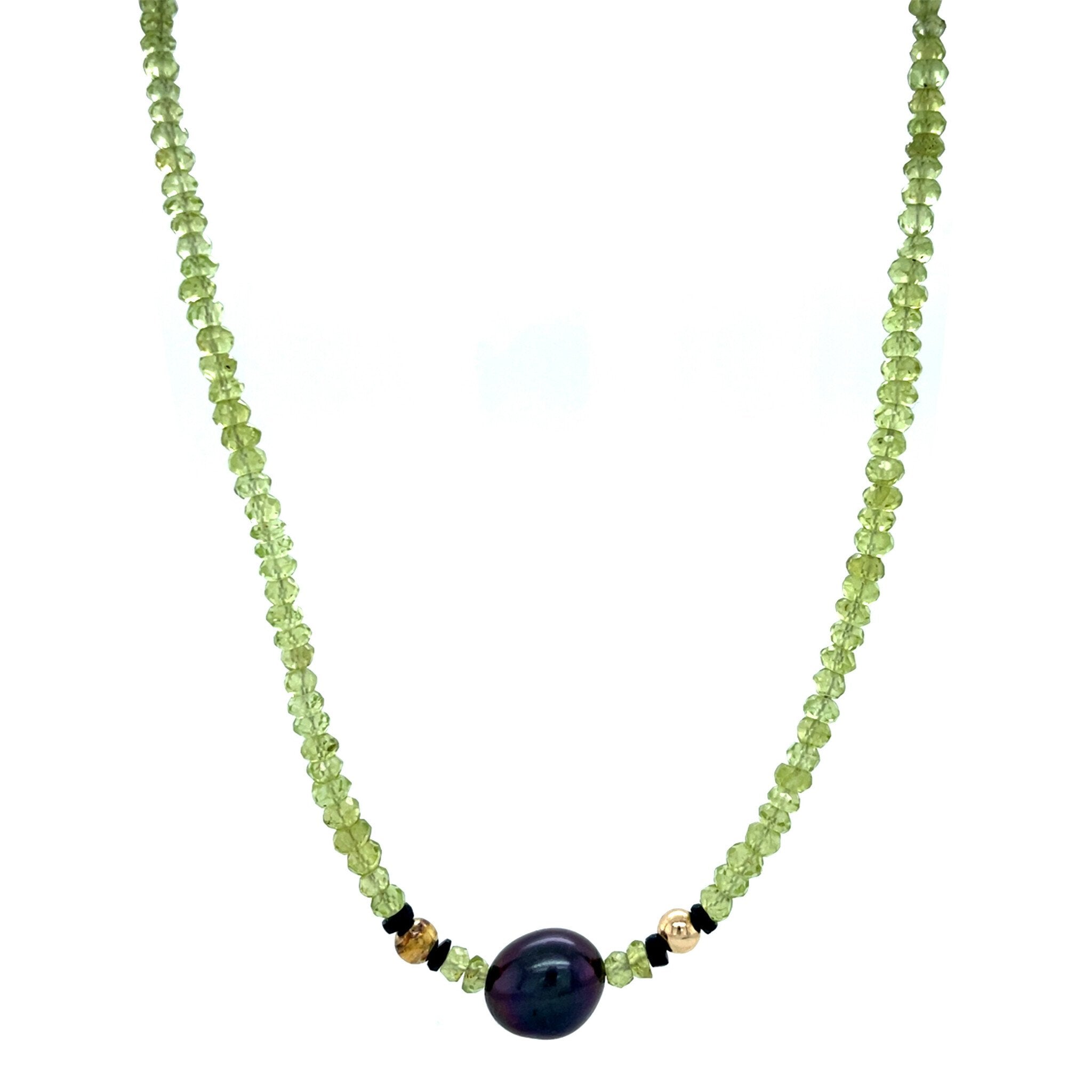 Peridot necklace with pearl and 14 kt gold clasp