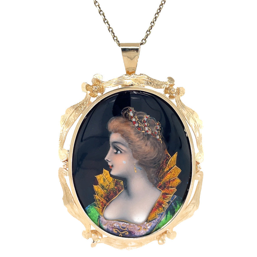 Gouden vintage hanger met emaille broche 14 kt