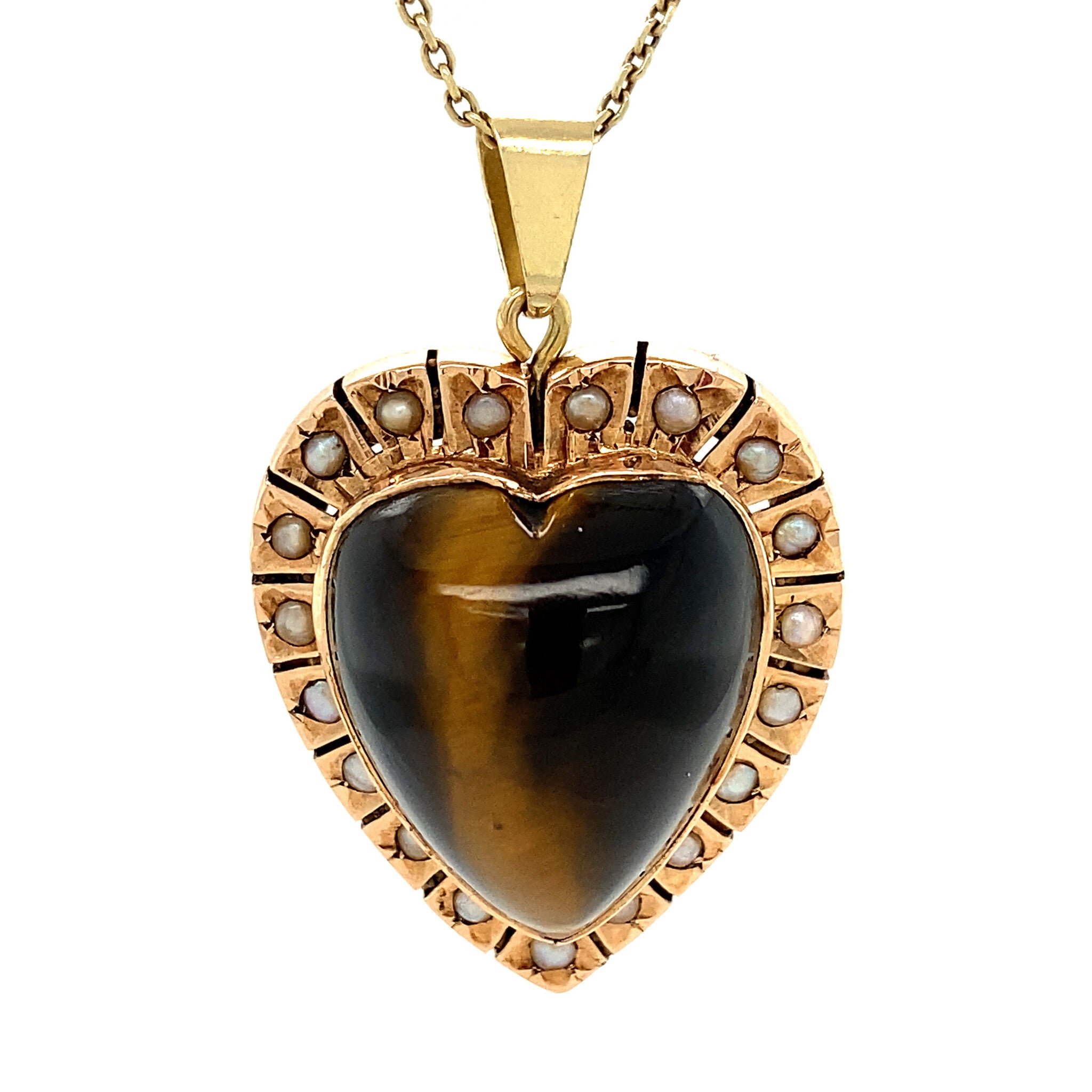 Gouden entourage hart hanger met tijgeroog en parels 14 krt