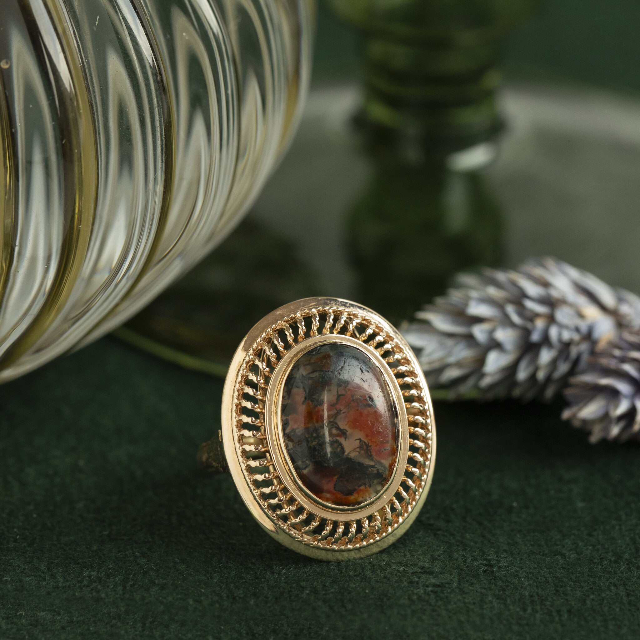 Gouden vintage ring met mosagaat 14 kt