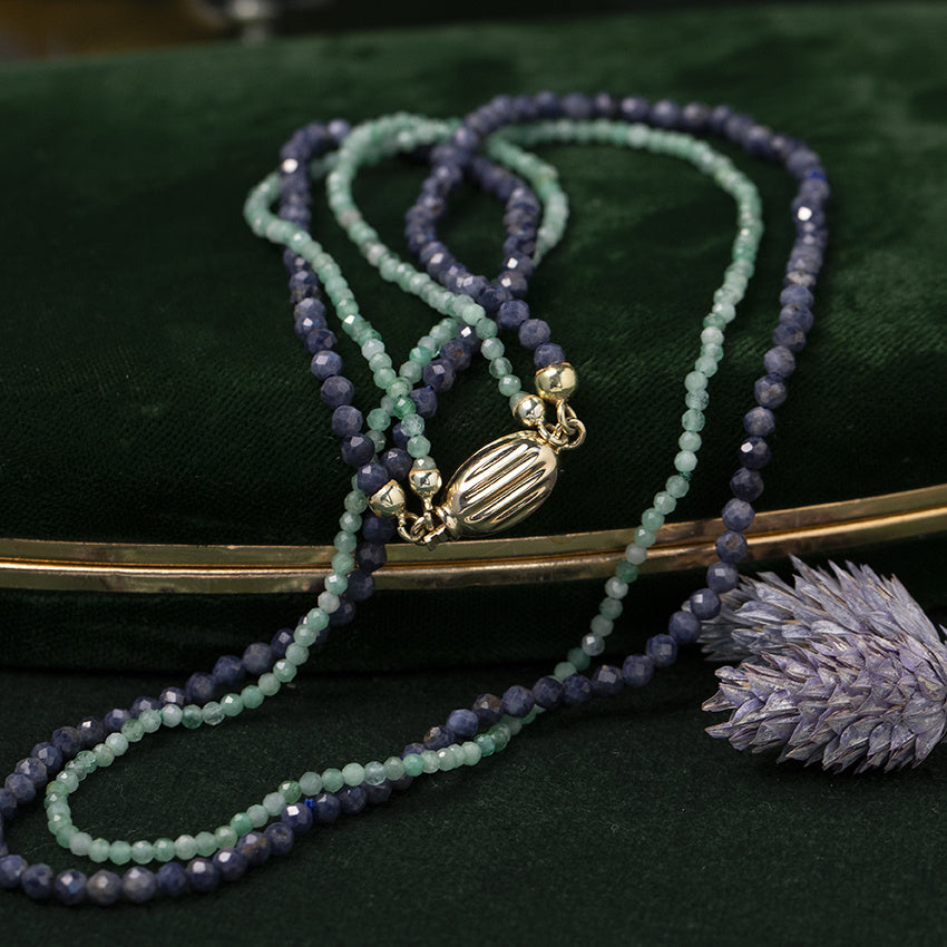 Vintage sapphire and emerald necklace with 14 kt gold clasp