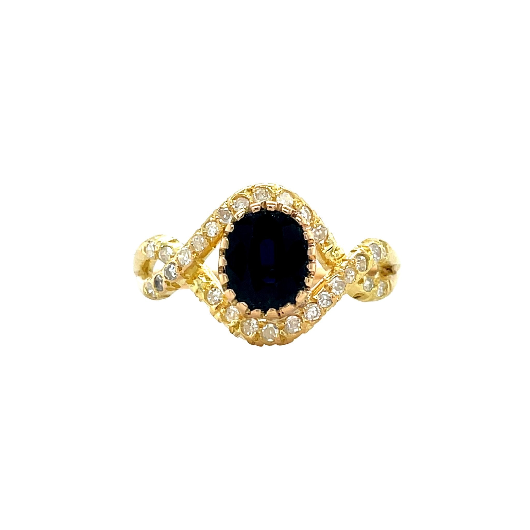 Vintage gold signet ring with sapphire and diamond, 18 kt