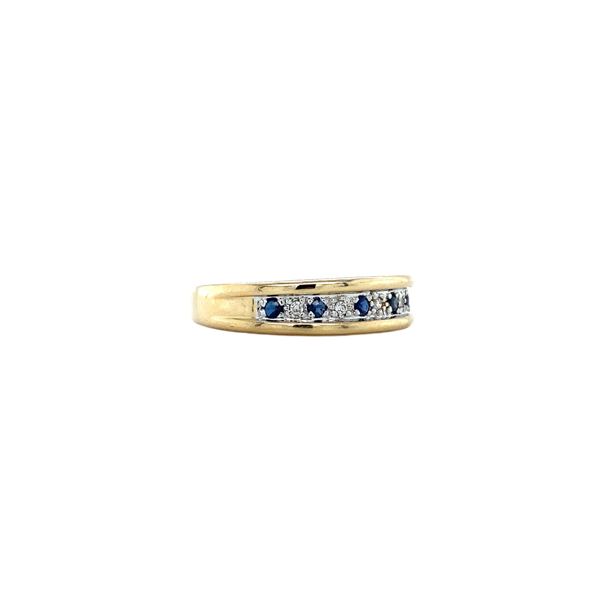 Gouden rijring met diamant en saffier 14 krt