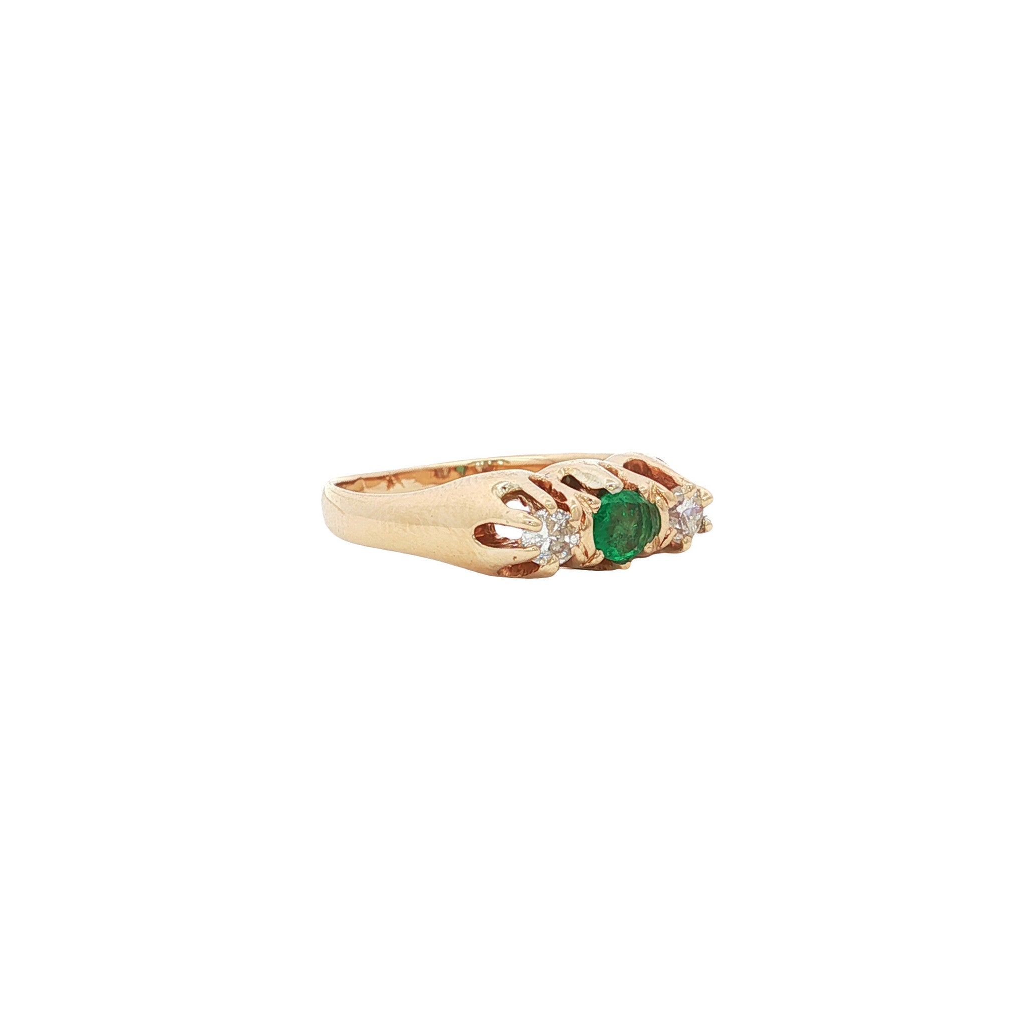 Vintage 14 kt gold trilogy row ring with emerald and diamond.