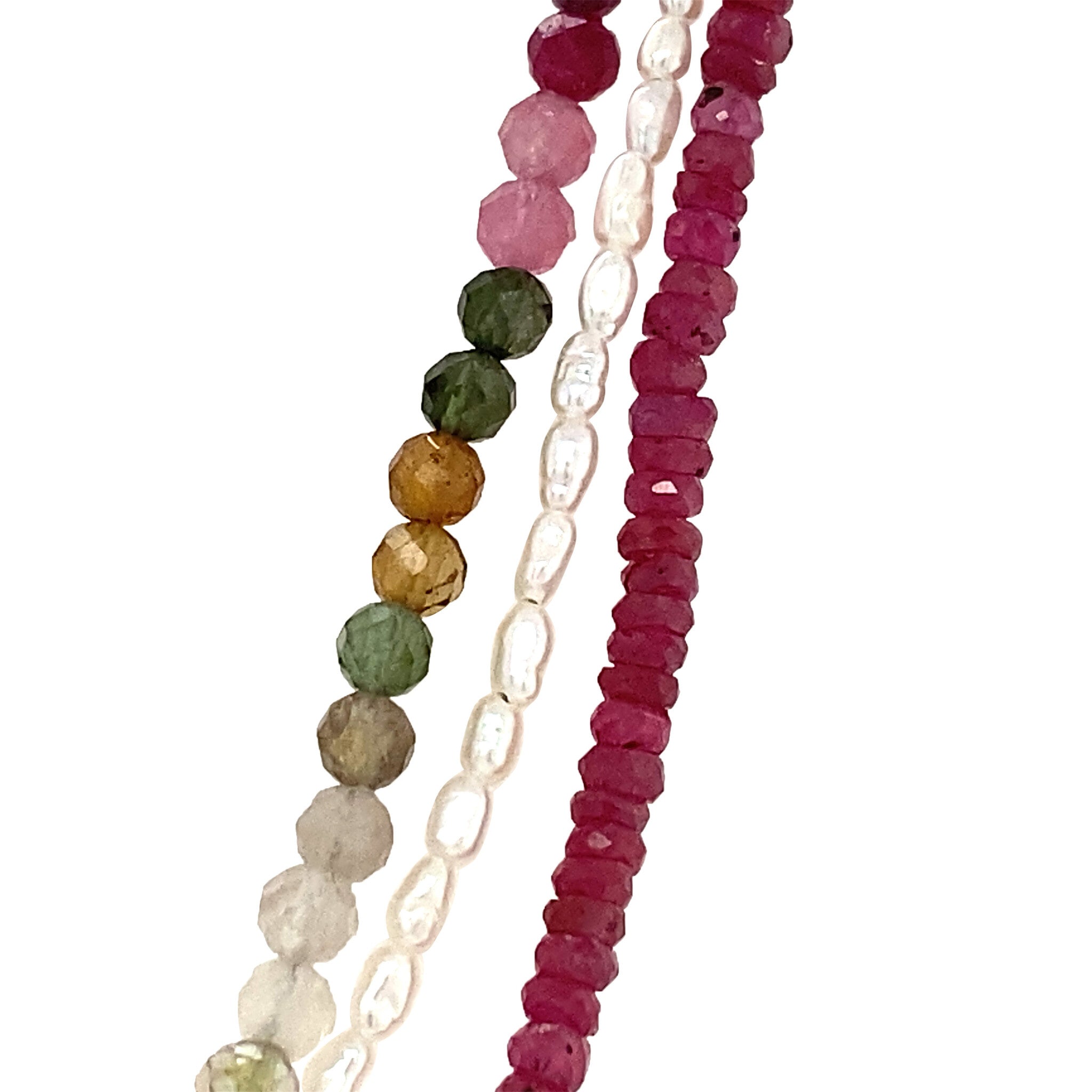 Ruby, tourmaline and pearl necklace with heart clasp, 41 cm, 9 kt