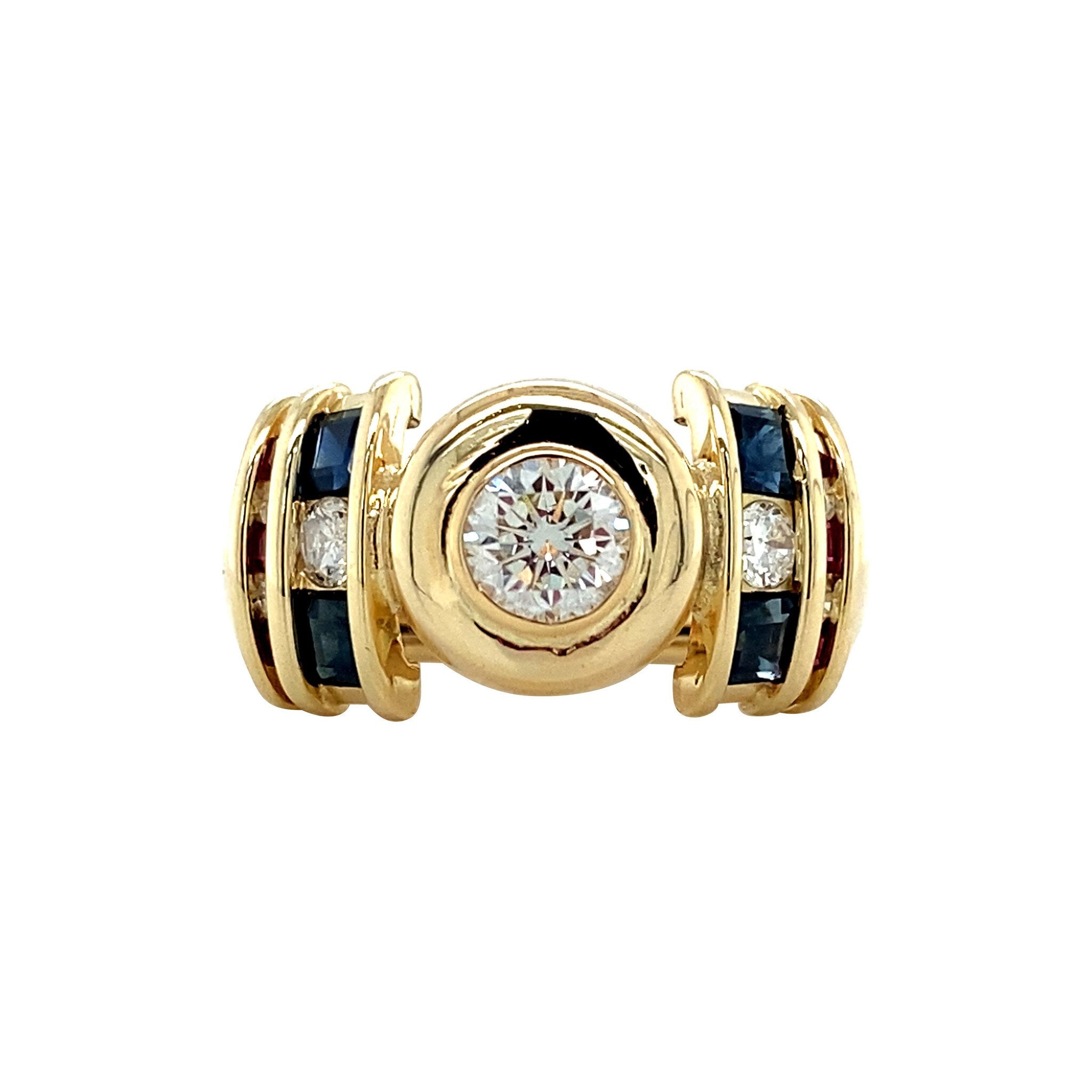 Gouden vintage ring met saffier, robijn en diamant 14 krt