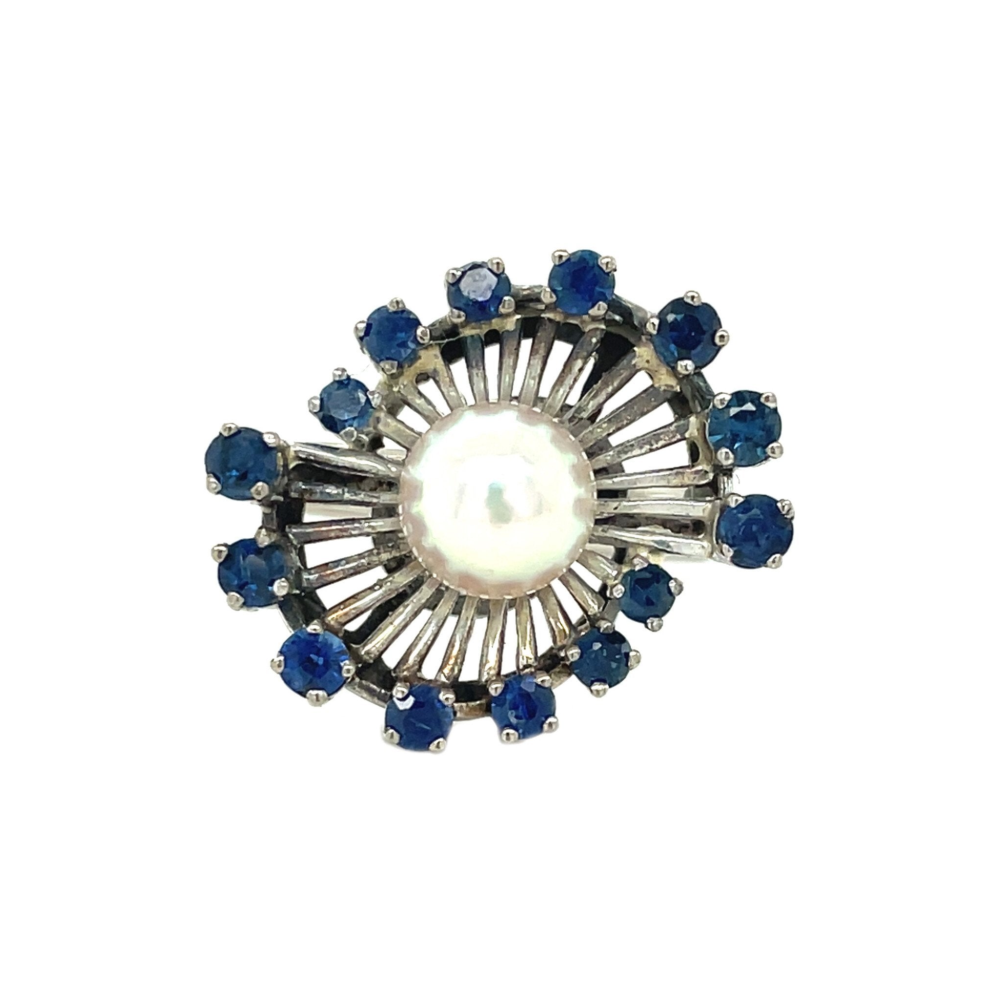 White gold vintage ring with sapphire and pearl 14 kt