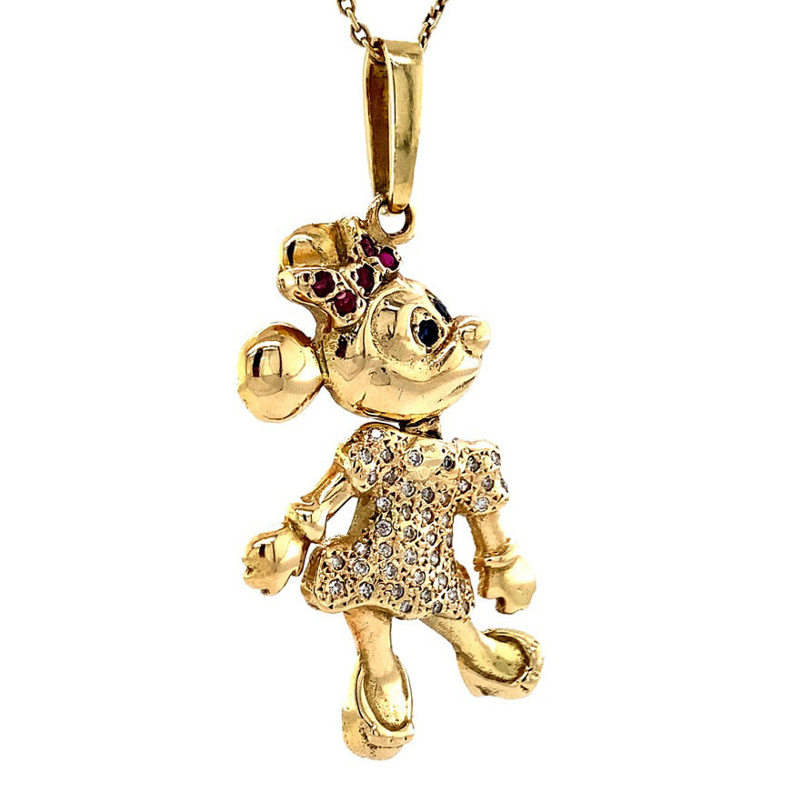 Gouden Minnie Mouse hanger met robijn, saffier en diamant 14 krt