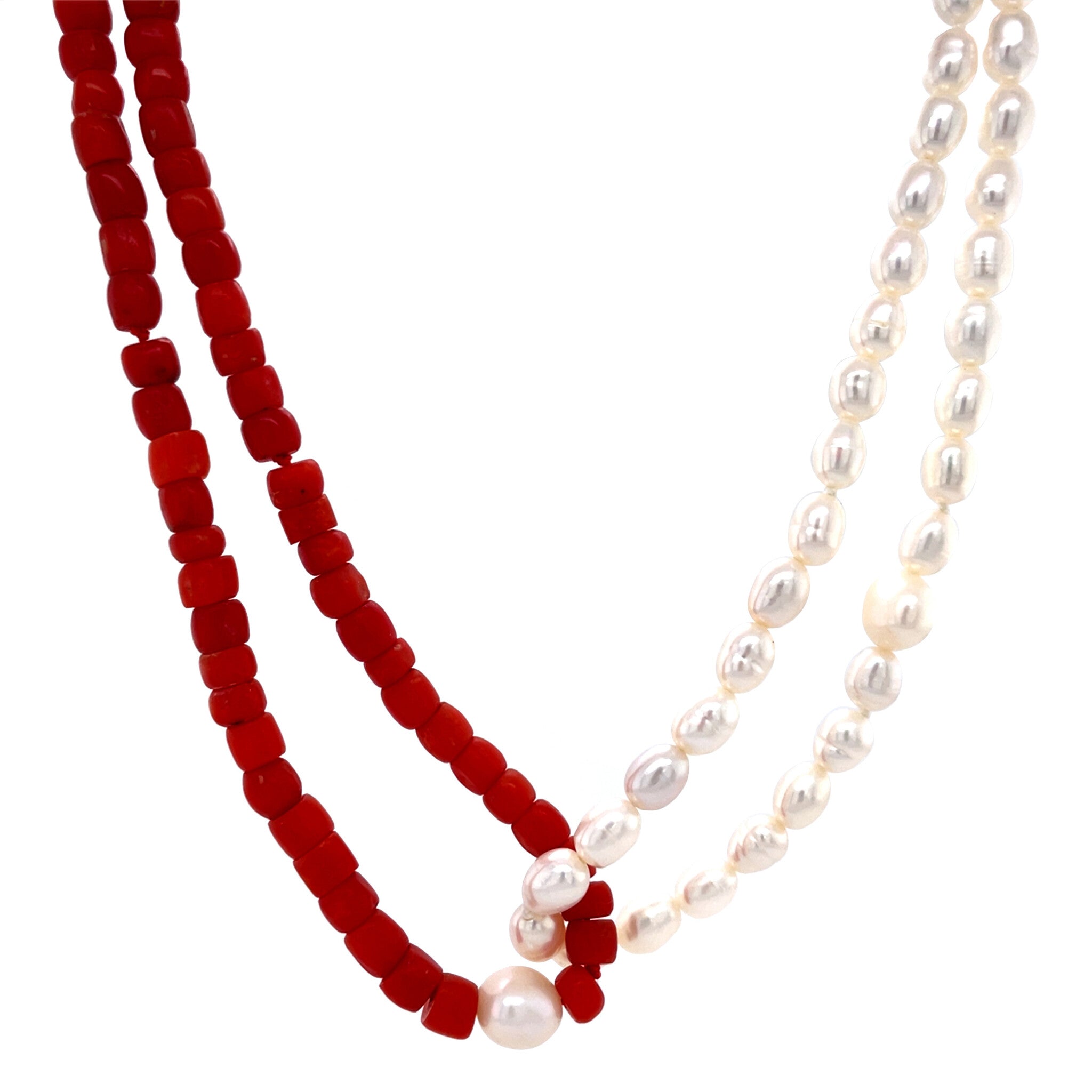 Bloedkoraal en parel collier met gouden sluiting 14 krt