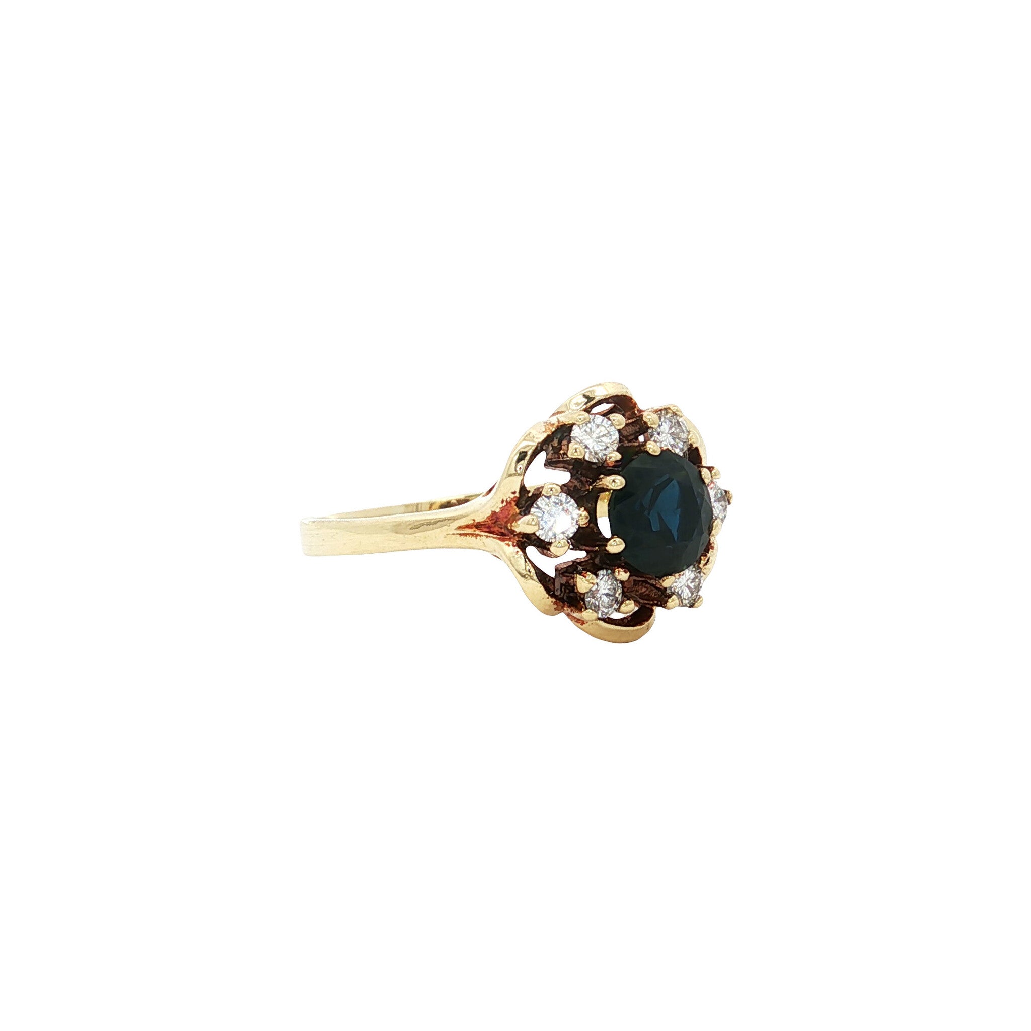 Gouden vintage entourage ring met saffier en diamant 14 kt