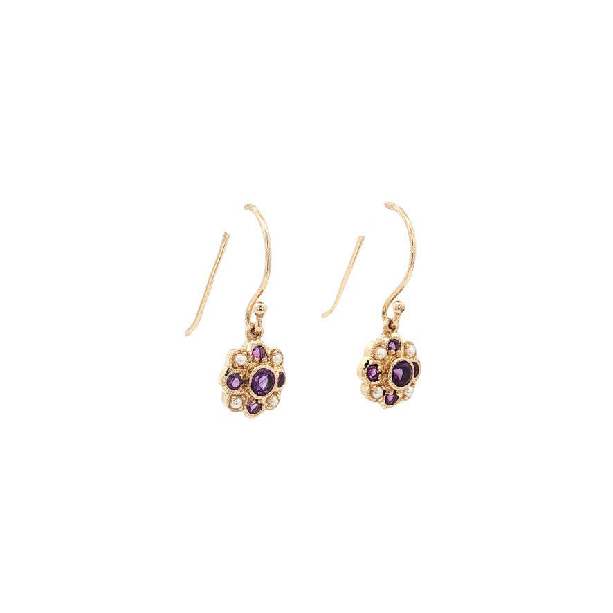 Gold earrings with amethyst and pearl 14 kt