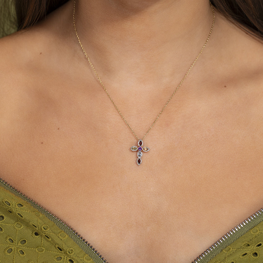 Pendant with amethyst, garnet, peridot, citrine, topaz and diamond 9 kt