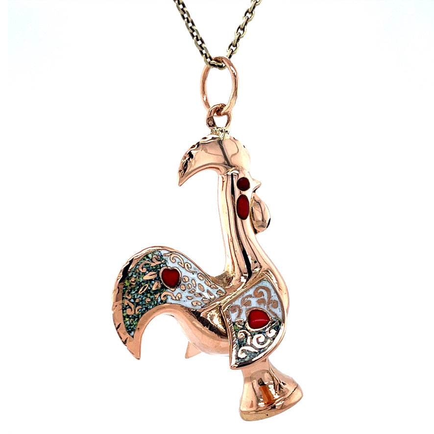 Roségouden vintage haan hanger met emaille 18 krt