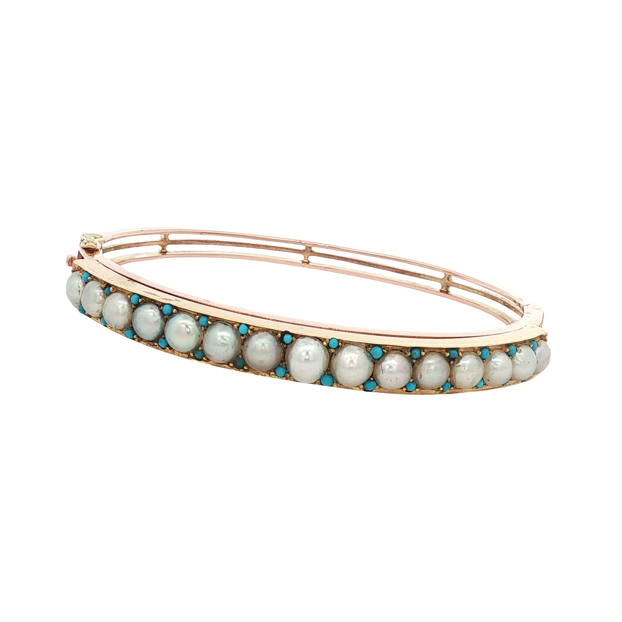 Rose-gold vintage bangle with pearl and turquoise, 14 kt