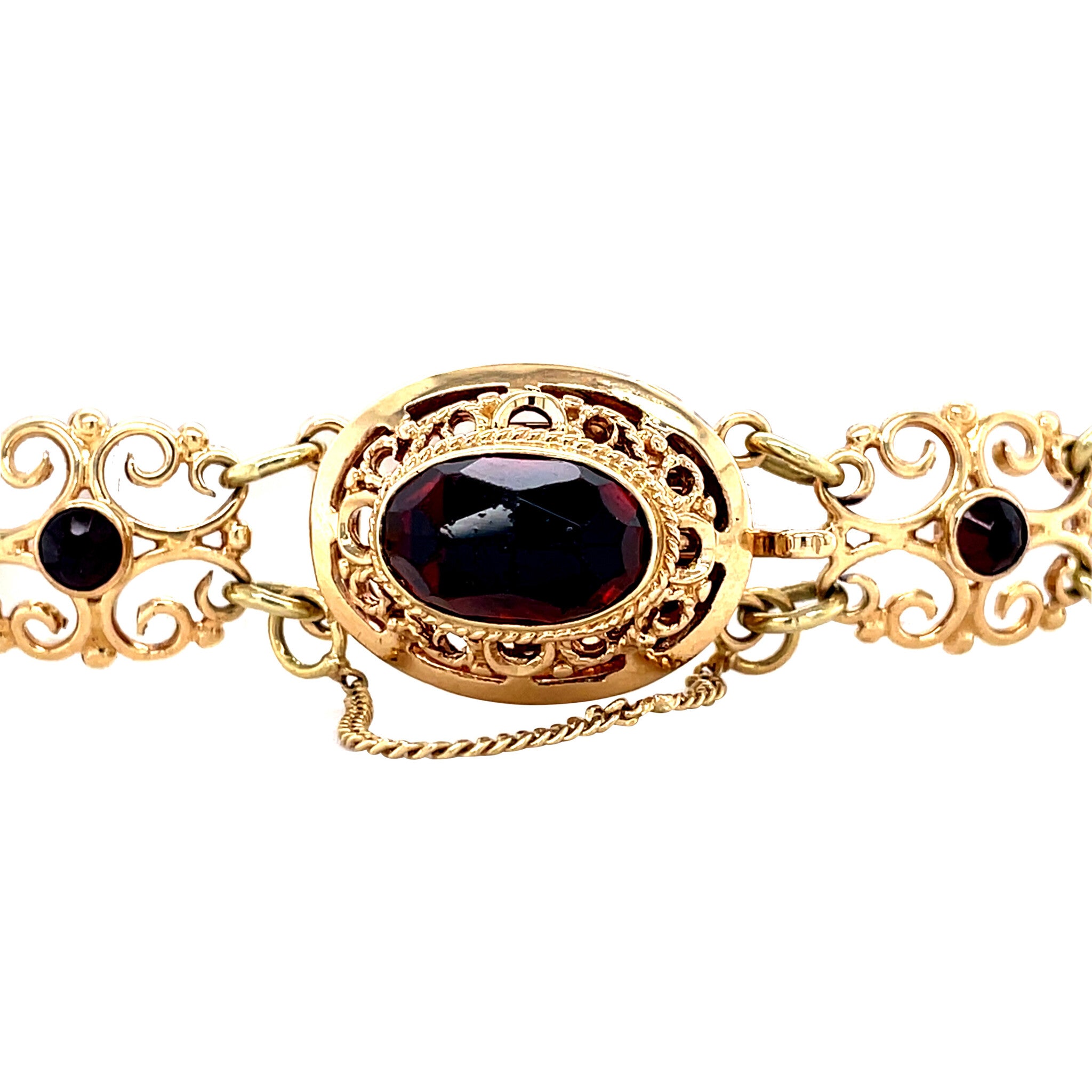 Vintage gold booties bracelet with garnet, 14 kt