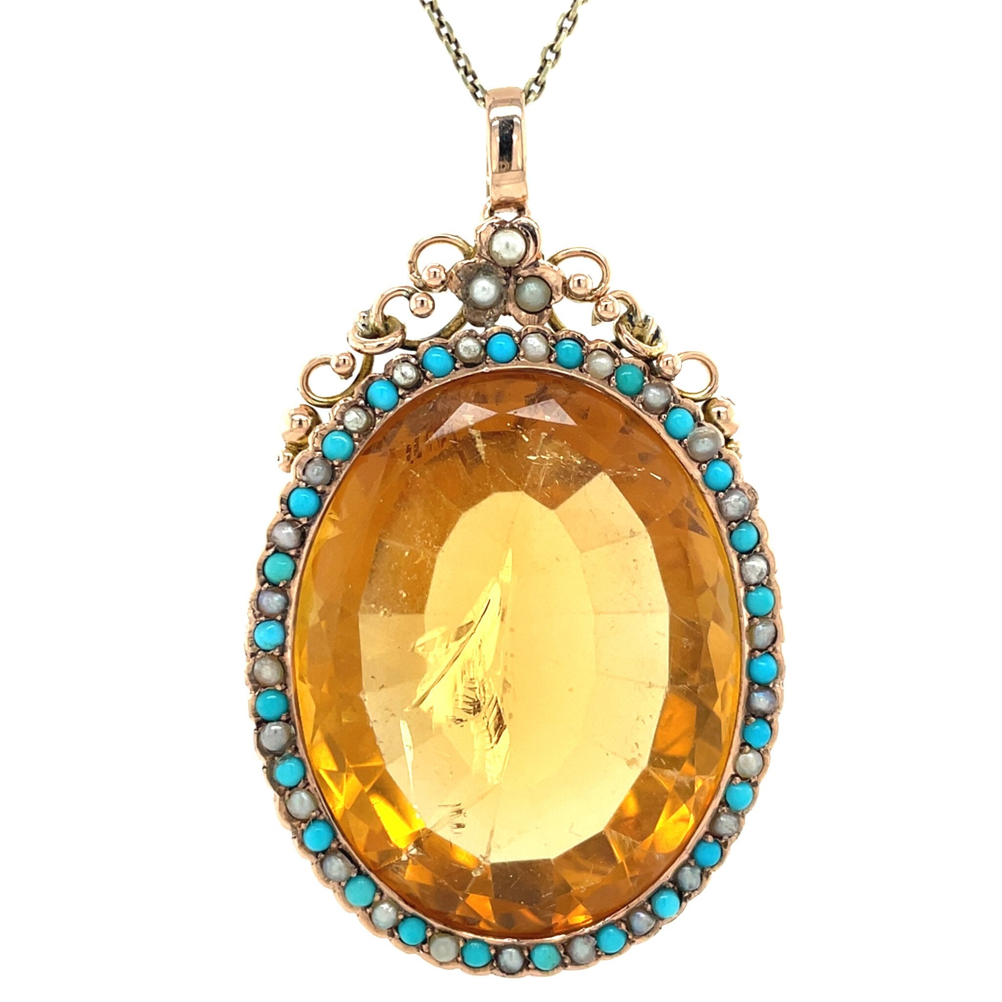 Rosé vintage entourage hanger met citrien, parel en turkoois 9 krt