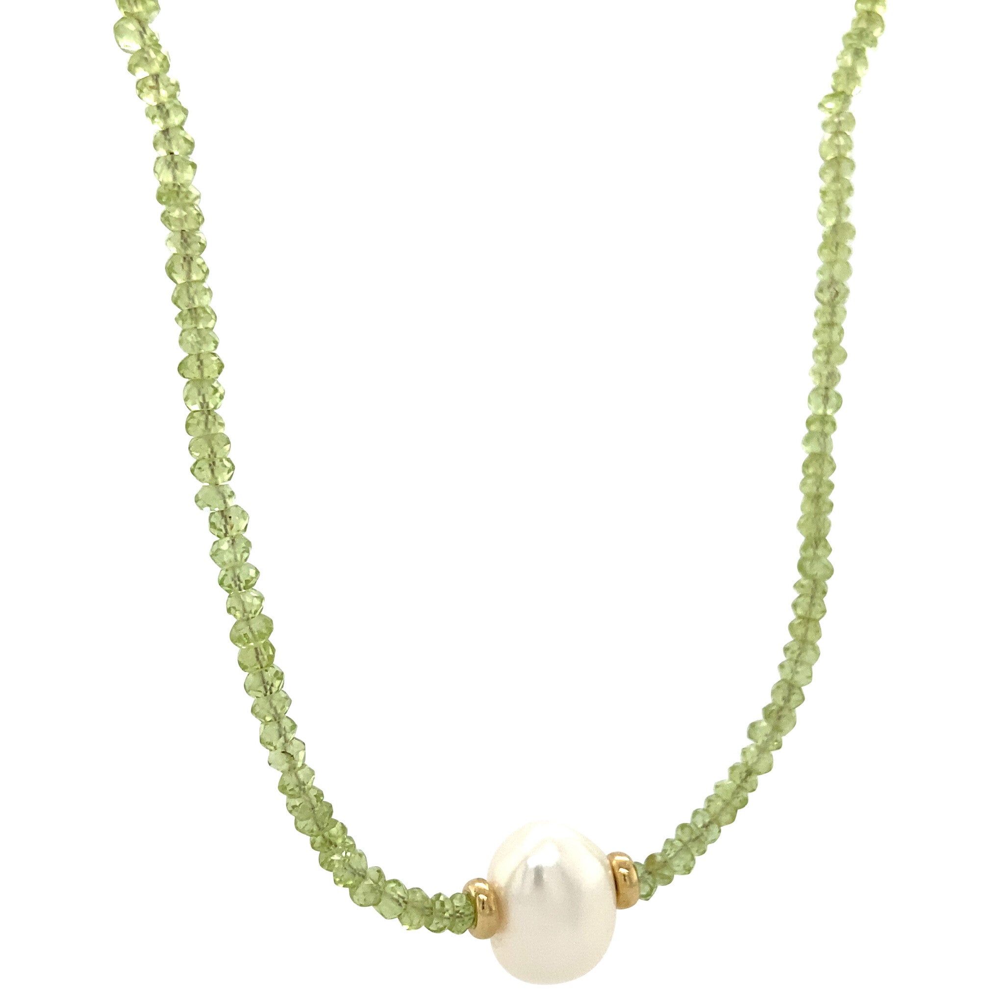Peridot necklace with a pearl and a 14 kt gold clasp, 39.5 cm