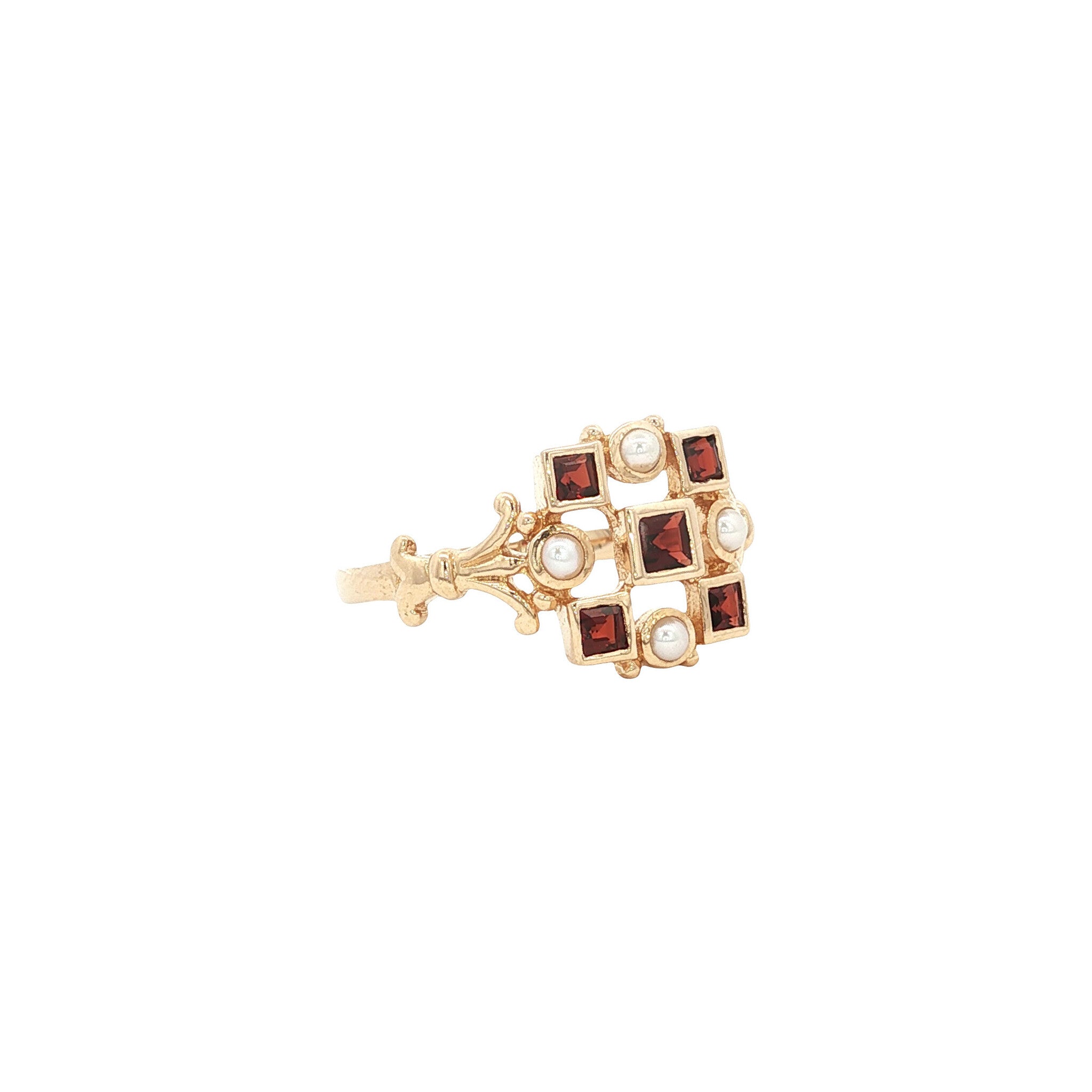 Gouden ring met granaat en parel 14 kt