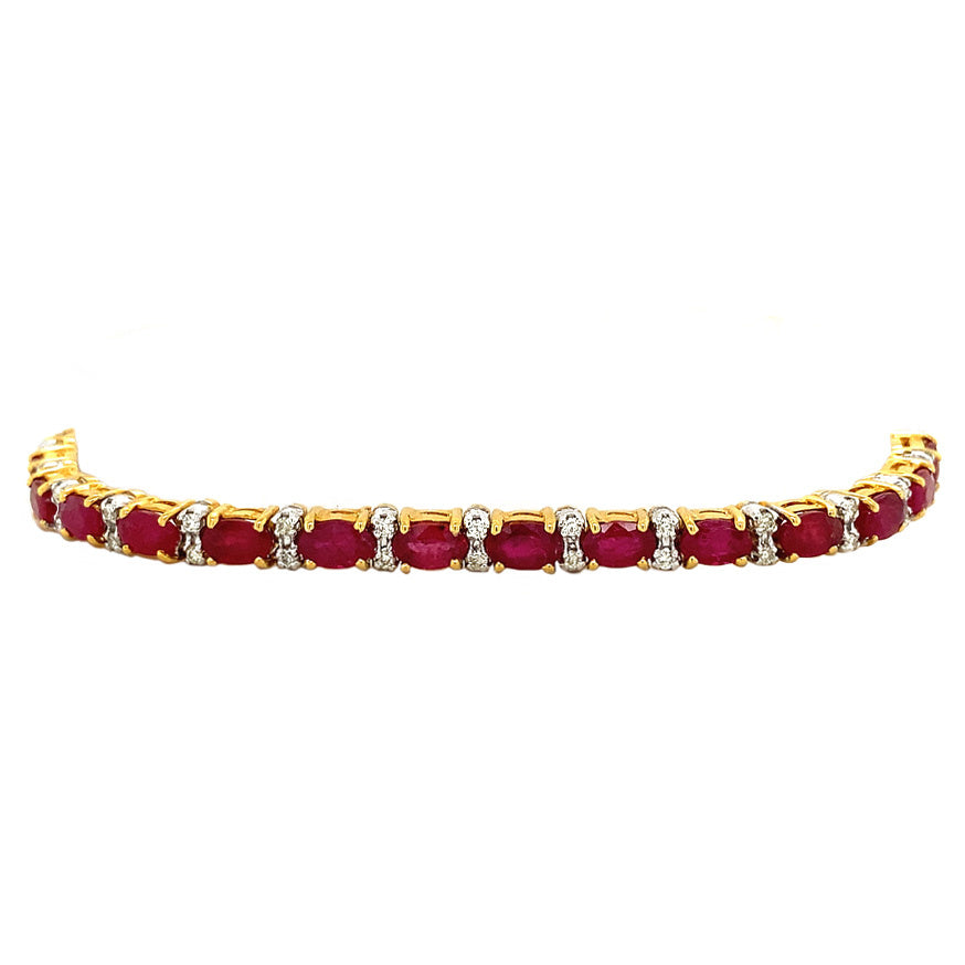 Vintage gold tennis bracelet with ruby and diamond, 18 cm, 14 kt