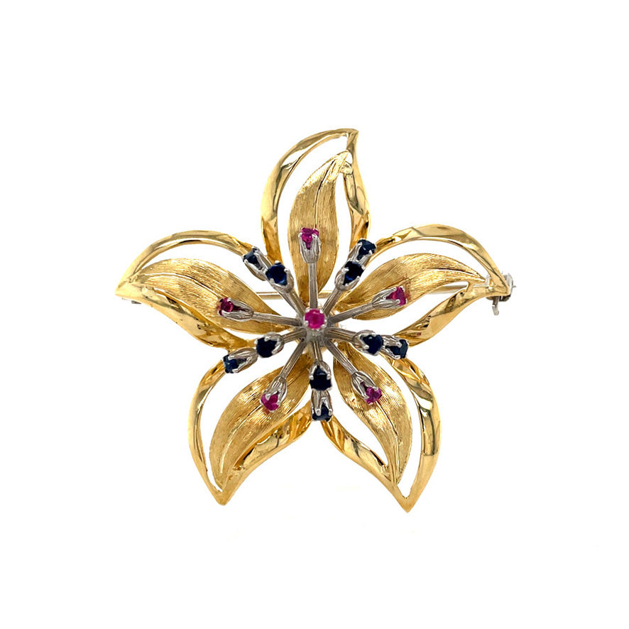 Gouden vintage broche met saffier en robijn 18 krt