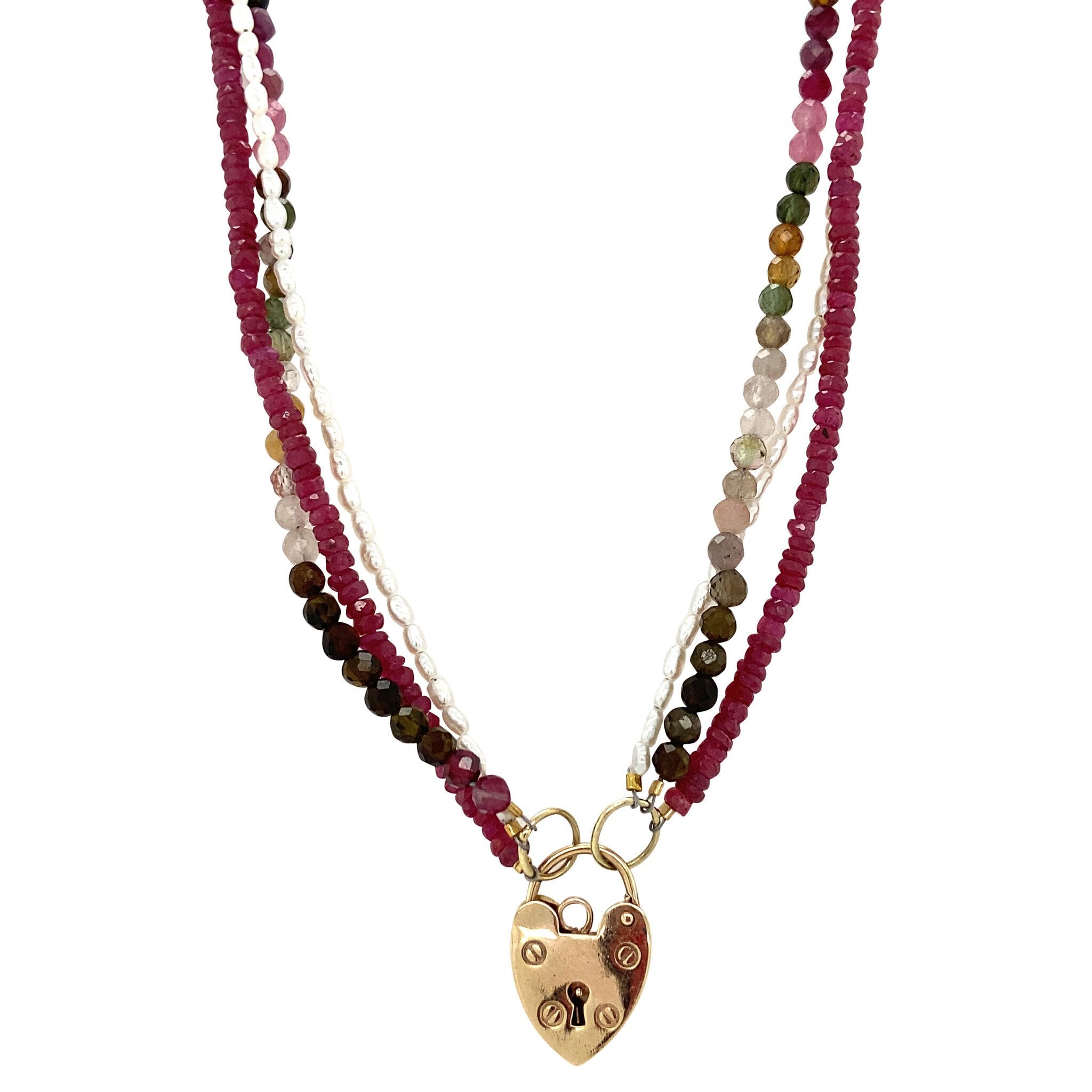 Ruby, tourmaline and pearl necklace with heart clasp, 41 cm, 9 kt