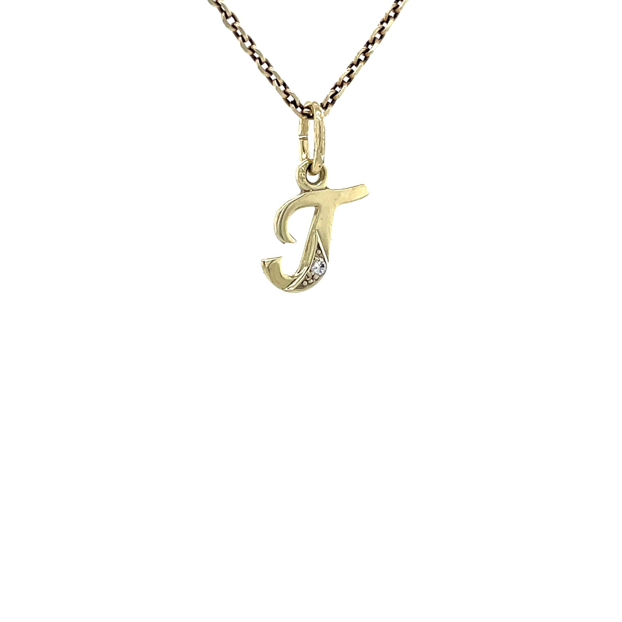 Gold vintage letter T pendant with diamond 14 krt
