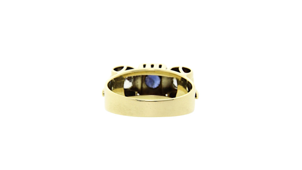 Gouden art deco ring met saffier en diamant 12 krt
