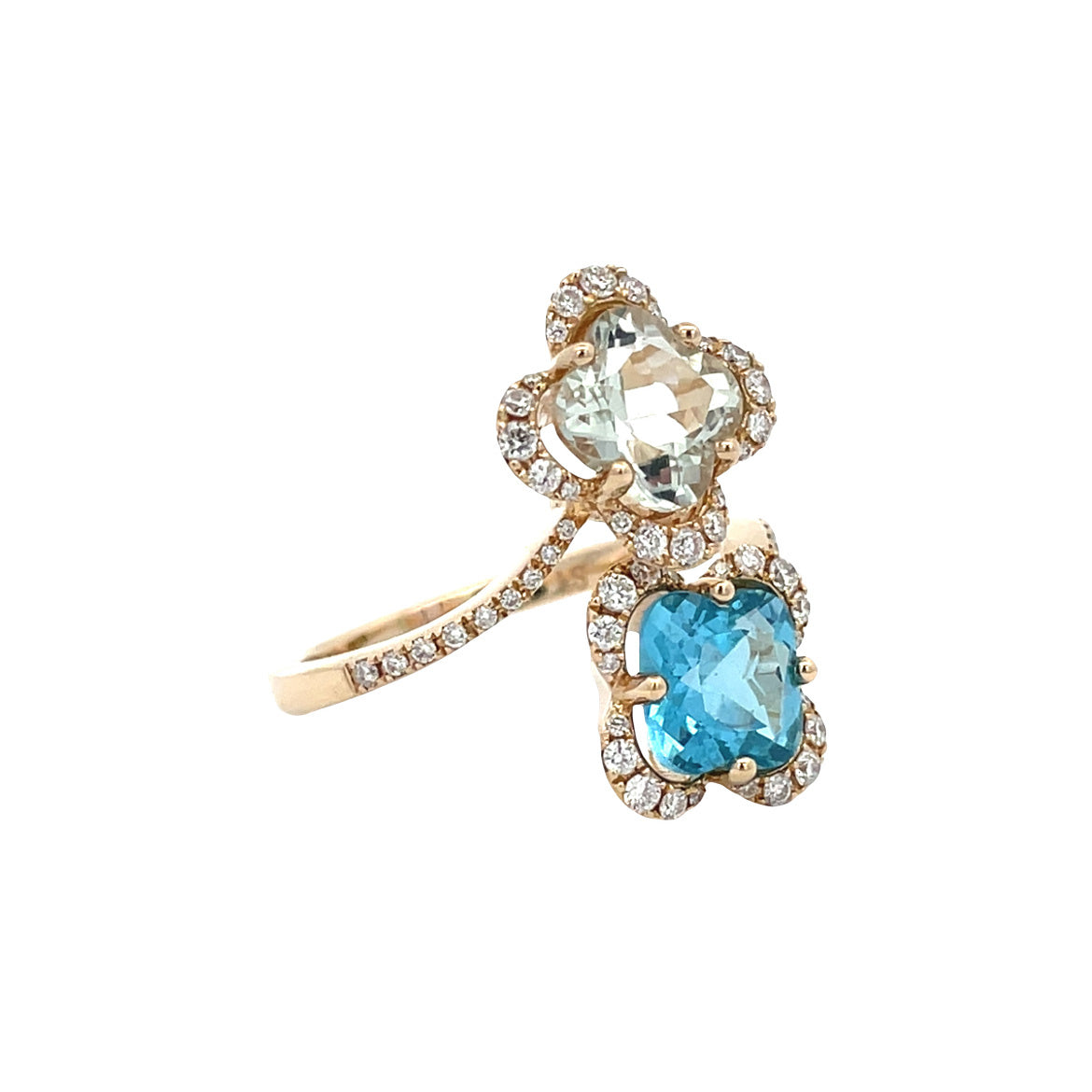 Vintage gold entourage ring with topaz and prasiolite, 14 kt