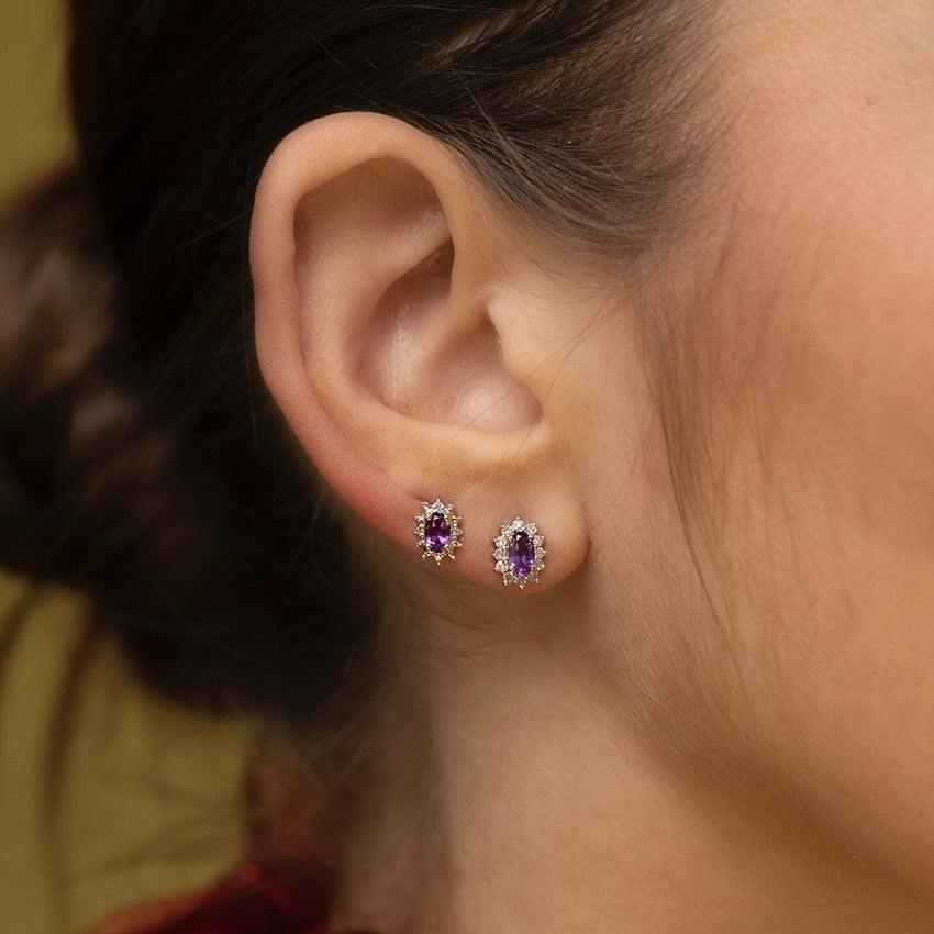 Oorbellen met amethist en diamant 9 kt