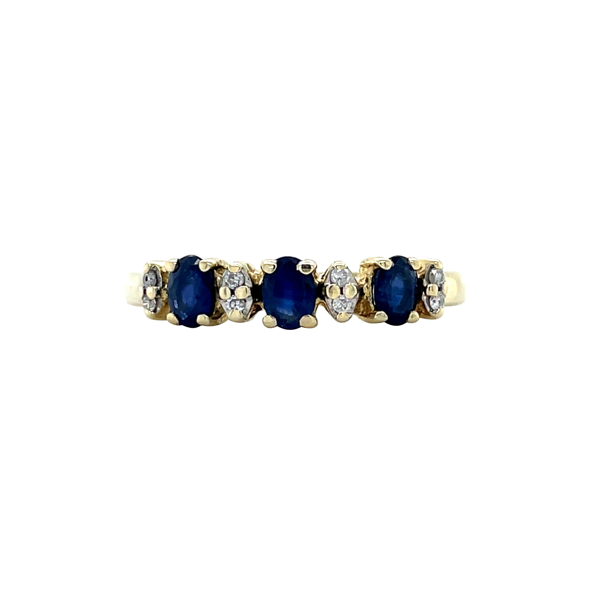 Vintage gold row ring with sapphire and diamond, 14 kt