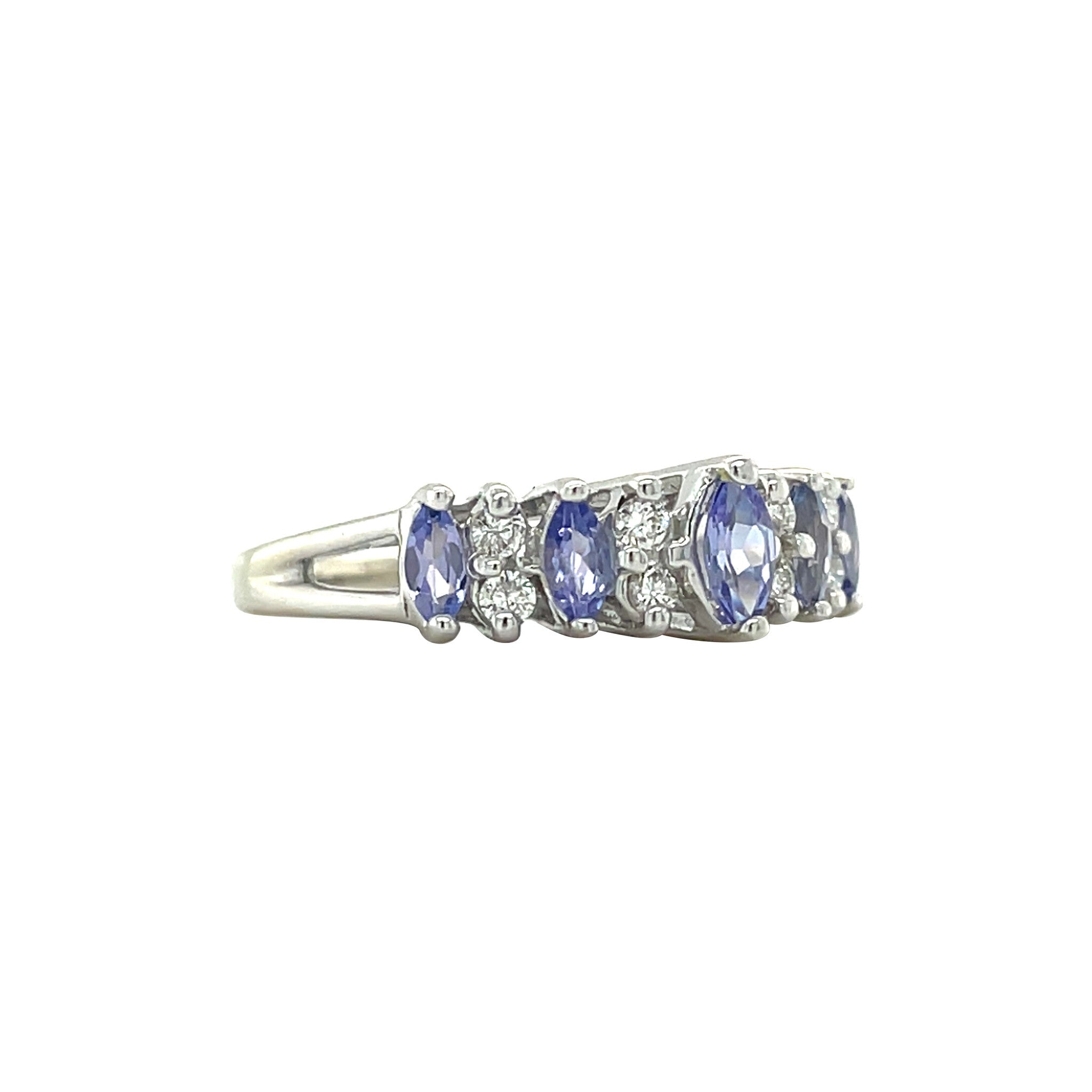 Witgouden vintage rijring met tanzaniet en diamant 14 kt
