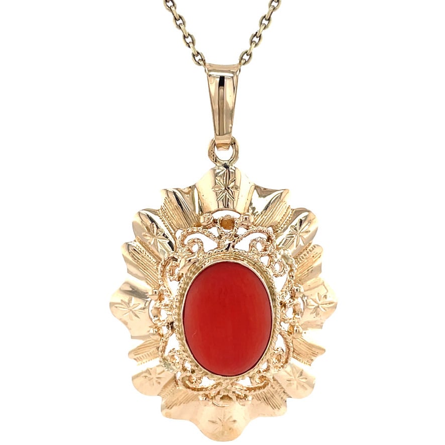 Gouden vintage hanger met bloedkoraal 14 kt
