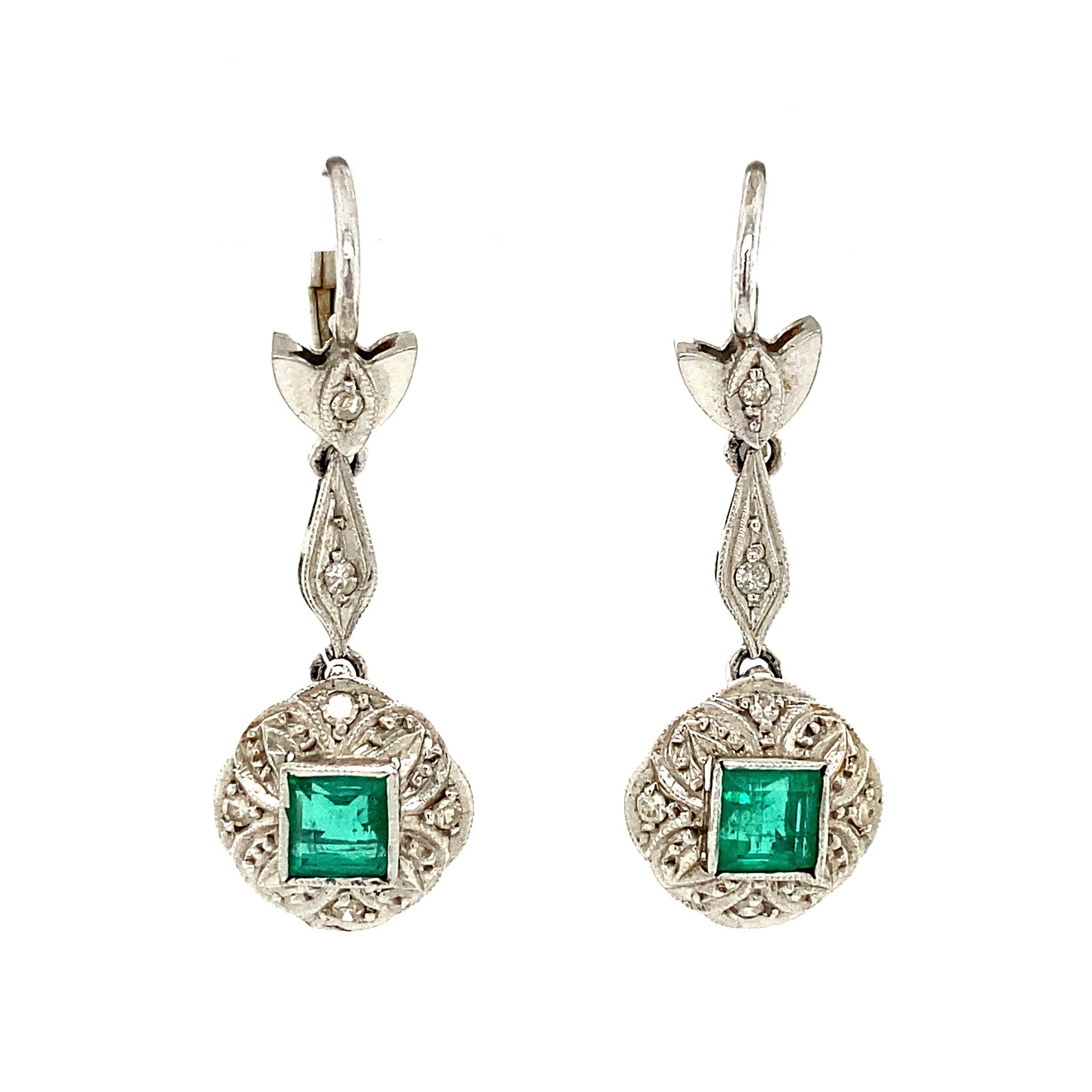 White gold earrings with diamond and emerald 14 krt