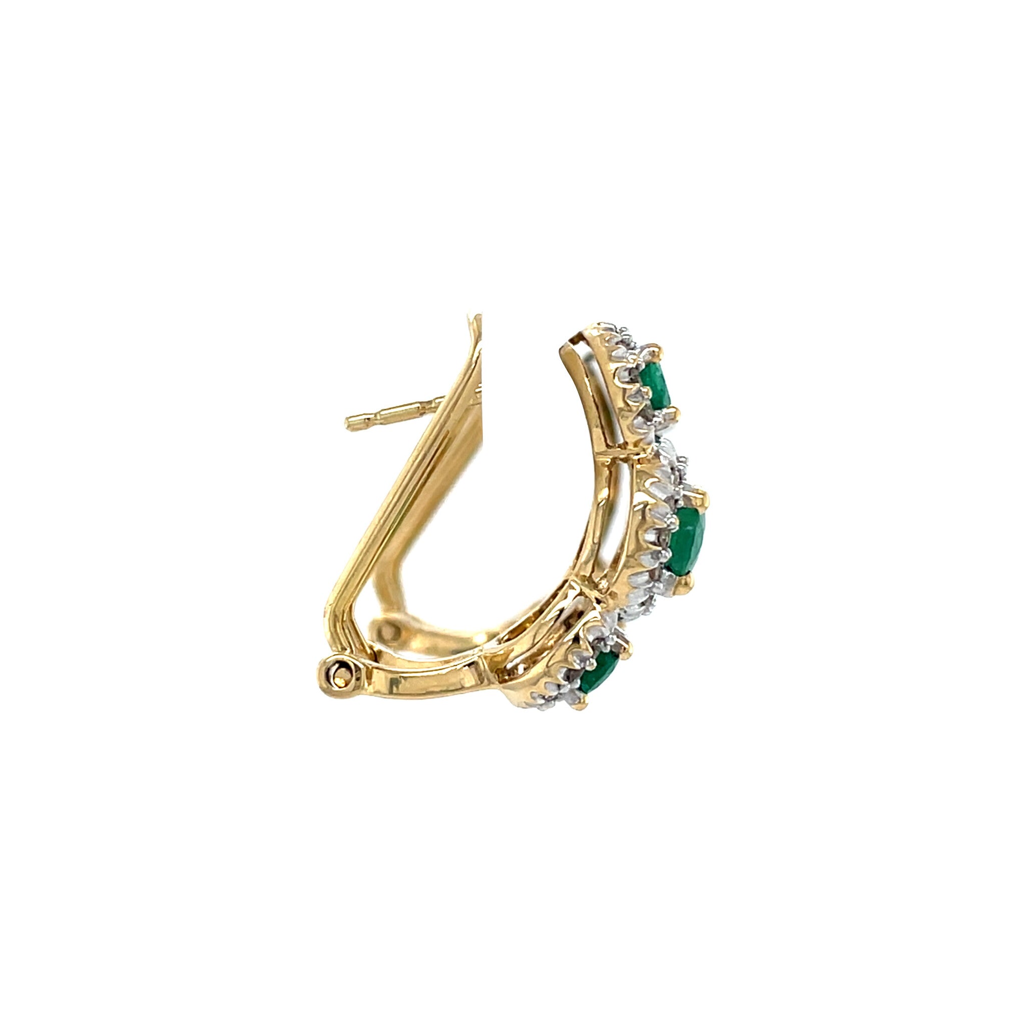 Vintage gold entourage stud earrings with emerald and diamond, 18 kt