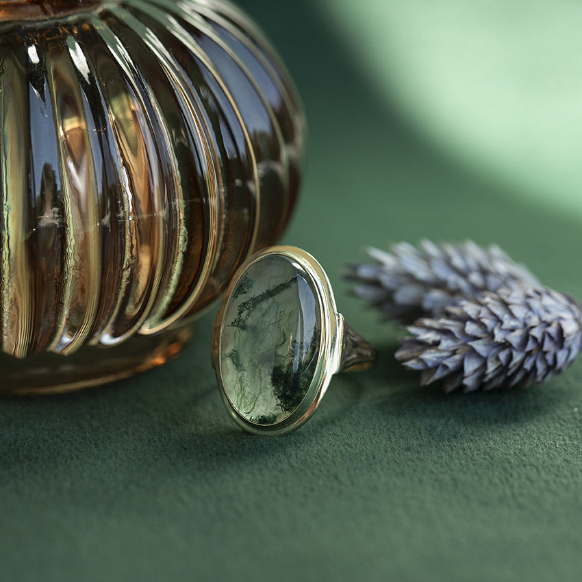 Gouden vintage ring met mosagaat 14 krt
