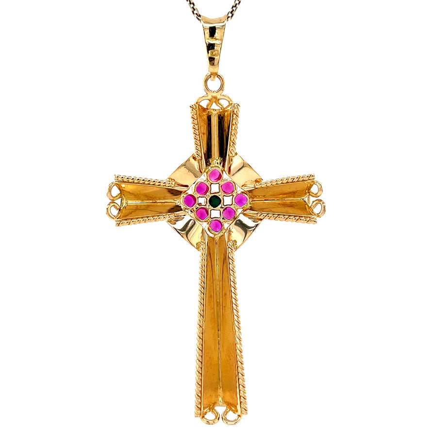 Vintage gold cross pendant with ruby and turquoise, 18 kt