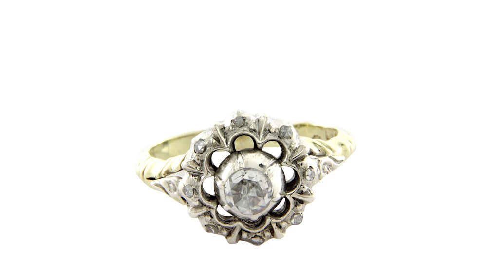 Gold ring bicolour with rose diamond 14 crt