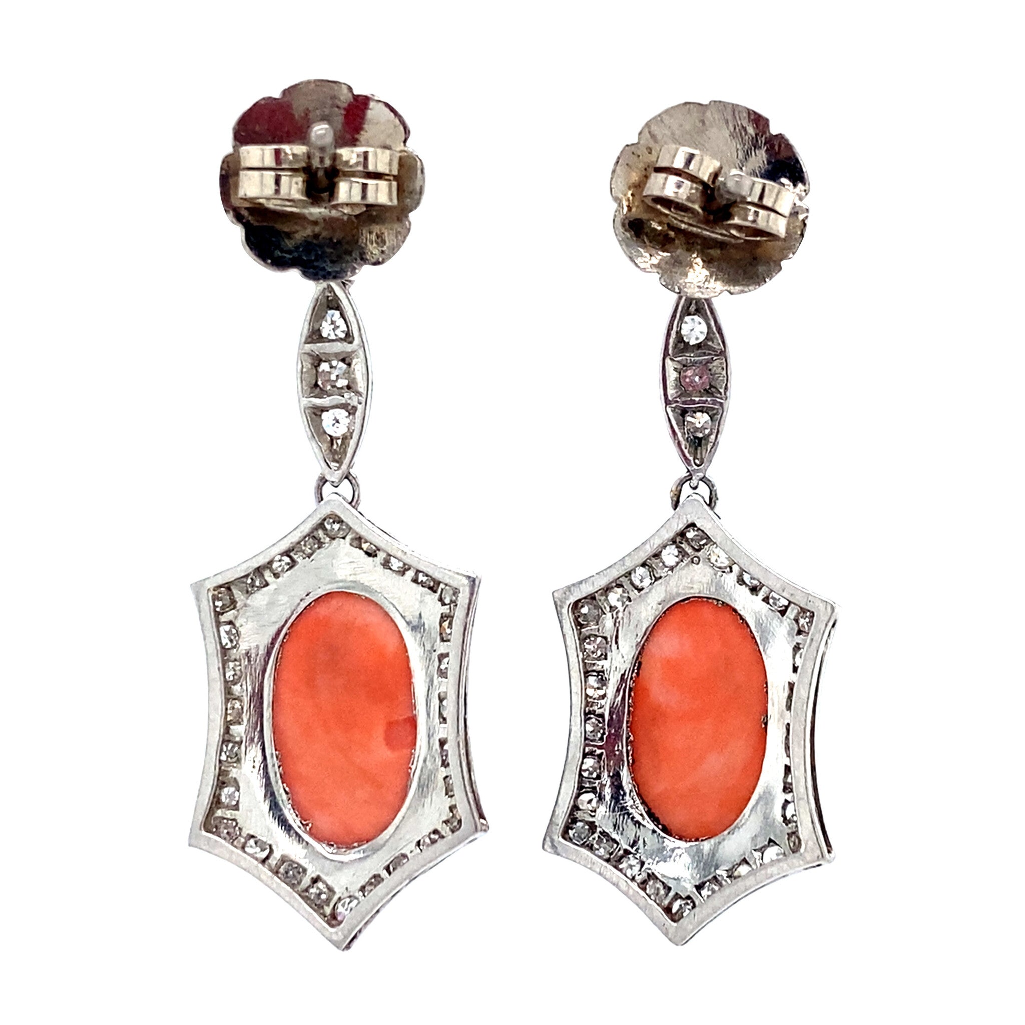 Platinum vintage art deco entourage earrings with imitation coral and diamond 900