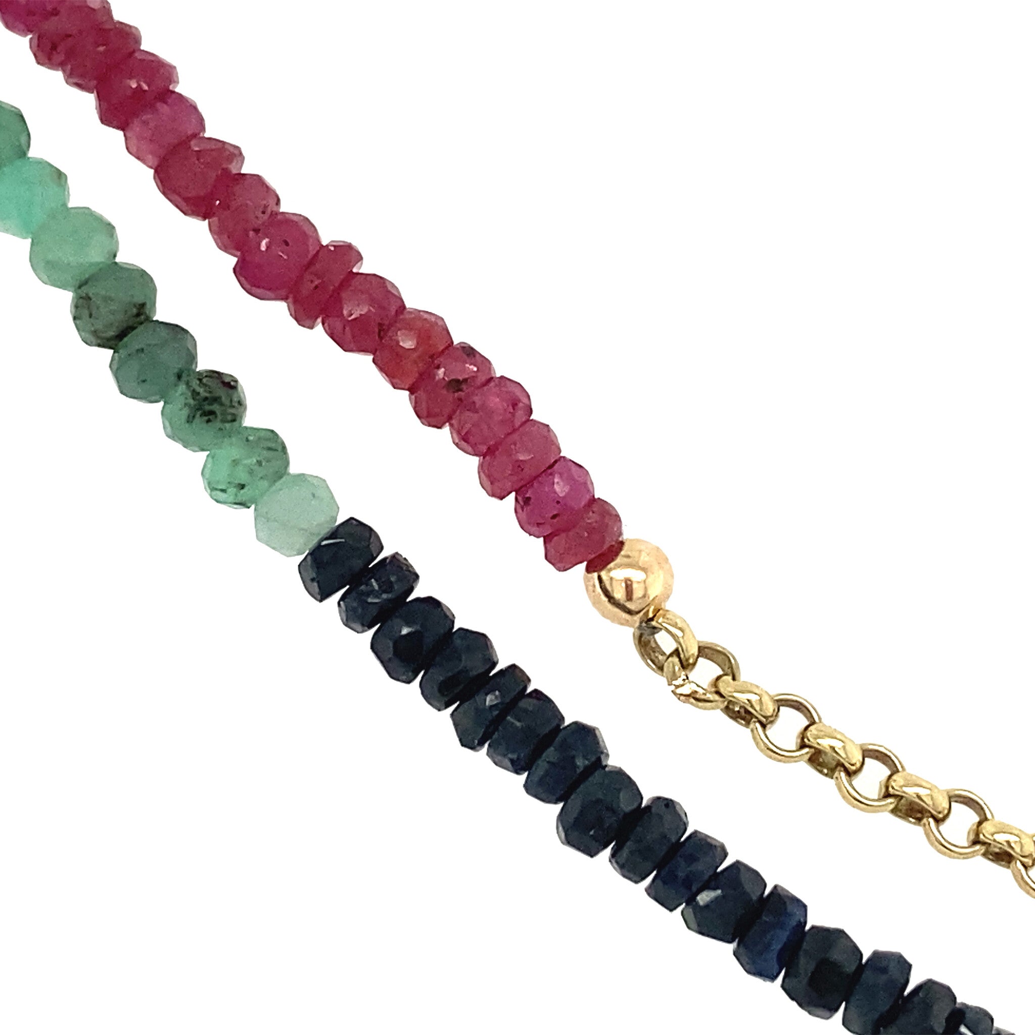 Robijn, smaragd en saffier collier 14 krt