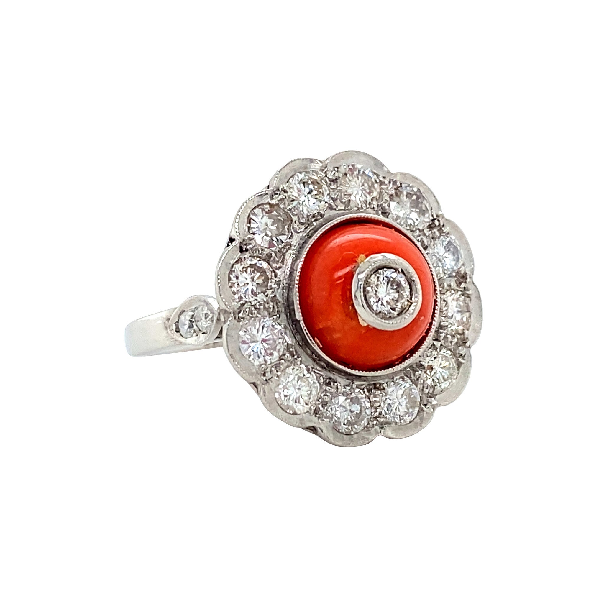 Vintage platinum entourage ring with diamond and blood coral 900