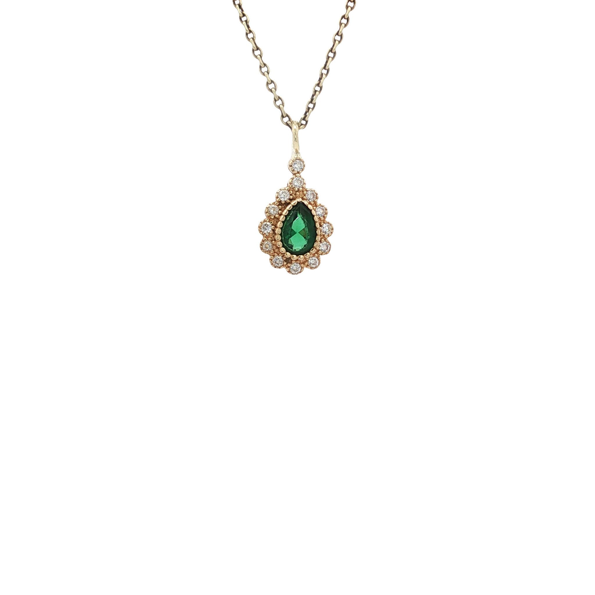 Gold vintage entourage pendant with colored stone and zirconia 14 kt